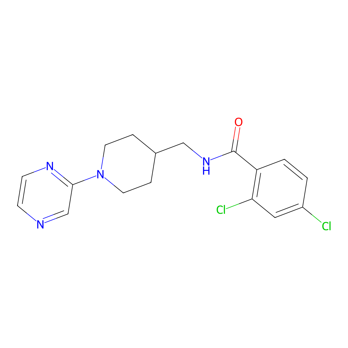 2,4-dichloro-N-((1-(pyrazin-2-yl)piperidin-4-yl)methyl)benzamide molecular structure, CAS 1396884-60-8