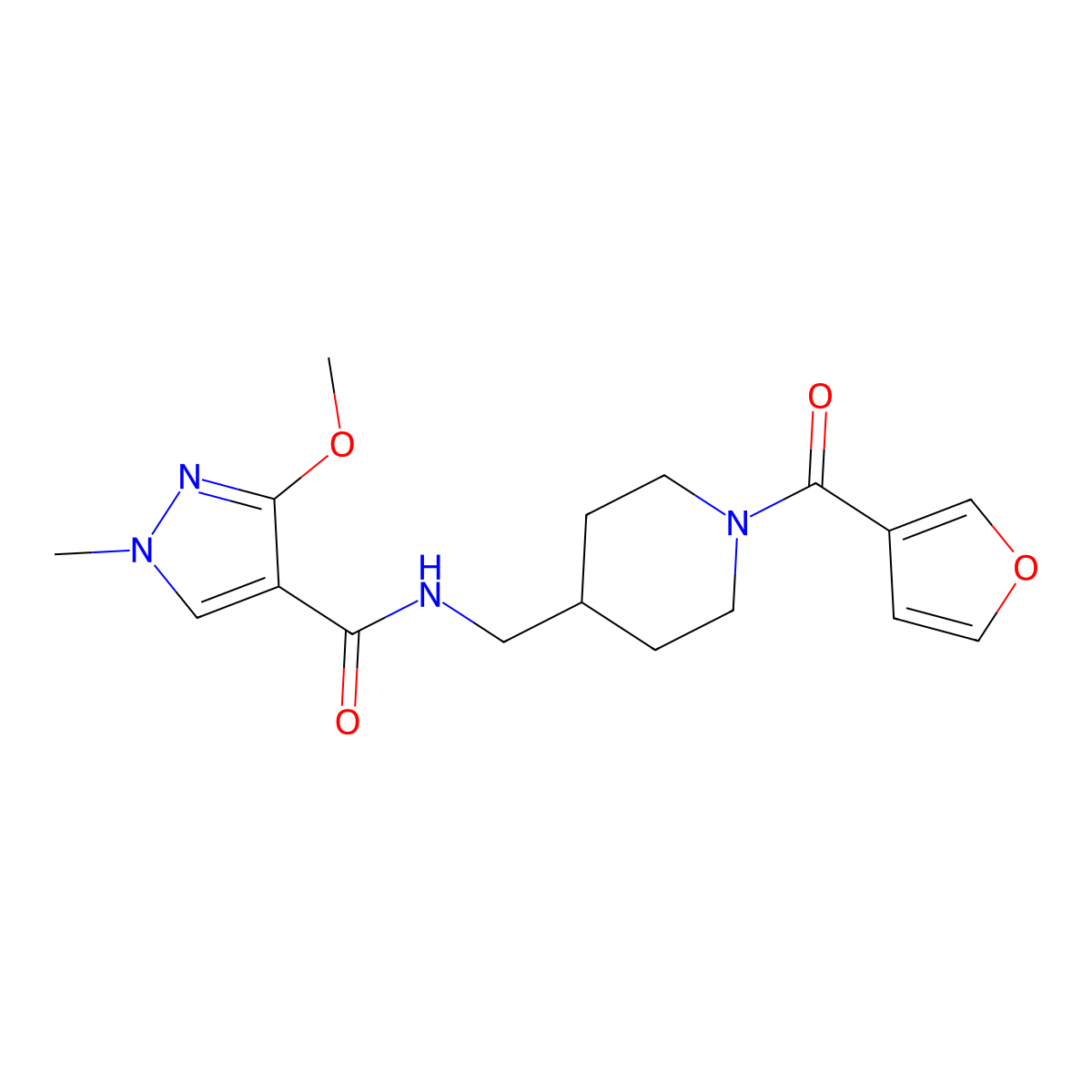 N-{[1-(furan-3-carbonyl)piperidin-4-yl]methyl}-3-methoxy-1-methyl-1H-pyrazole-4-carboxamide molecular structure, CAS 1396884-84-6