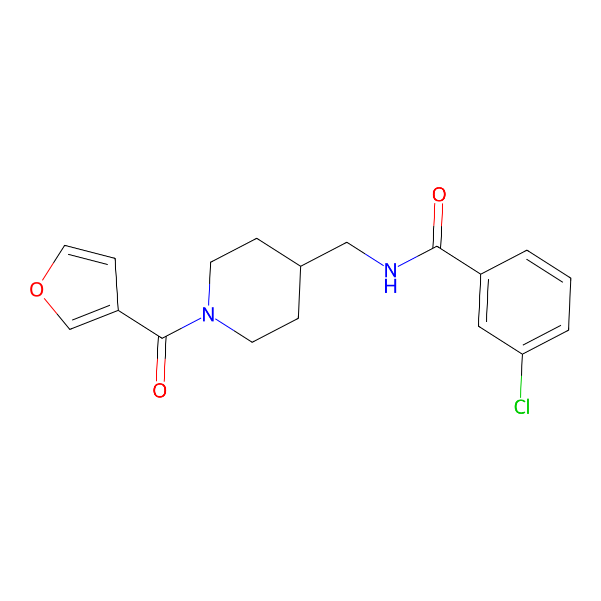 3-chloro-N-((1-(furan-3-carbonyl)piperidin-4-yl)methyl)benzamide molecular structure, CAS 1396884-85-7
