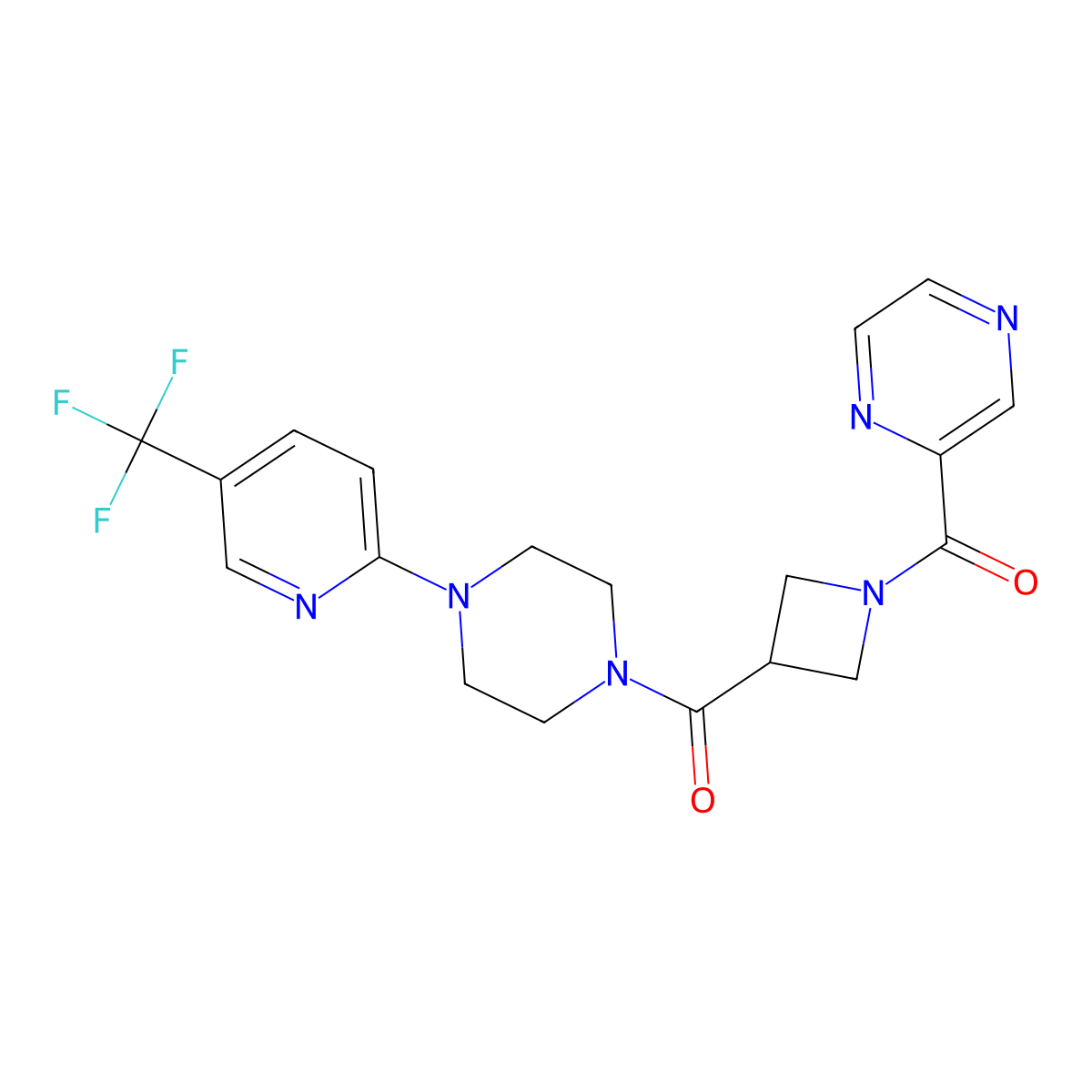 Pyrazin-2-yl(3-(4-(5-(trifluoromethyl)pyridin-2-yl)piperazine-1-carbonyl)azetidin-1-yl)methanone molecular structure, CAS 1396885-09-8