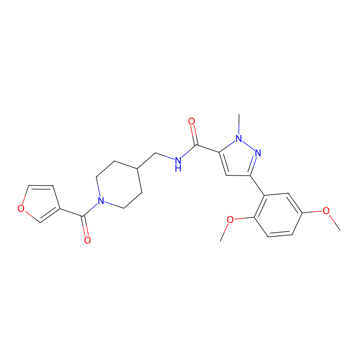 3-(2,5-dimethoxyphenyl)-N-((1-(furan-3-carbonyl)piperidin-4-yl)methyl)-1-methyl-1H-pyrazole-5-carboxamide molecular structure, CAS 1396885-17-8