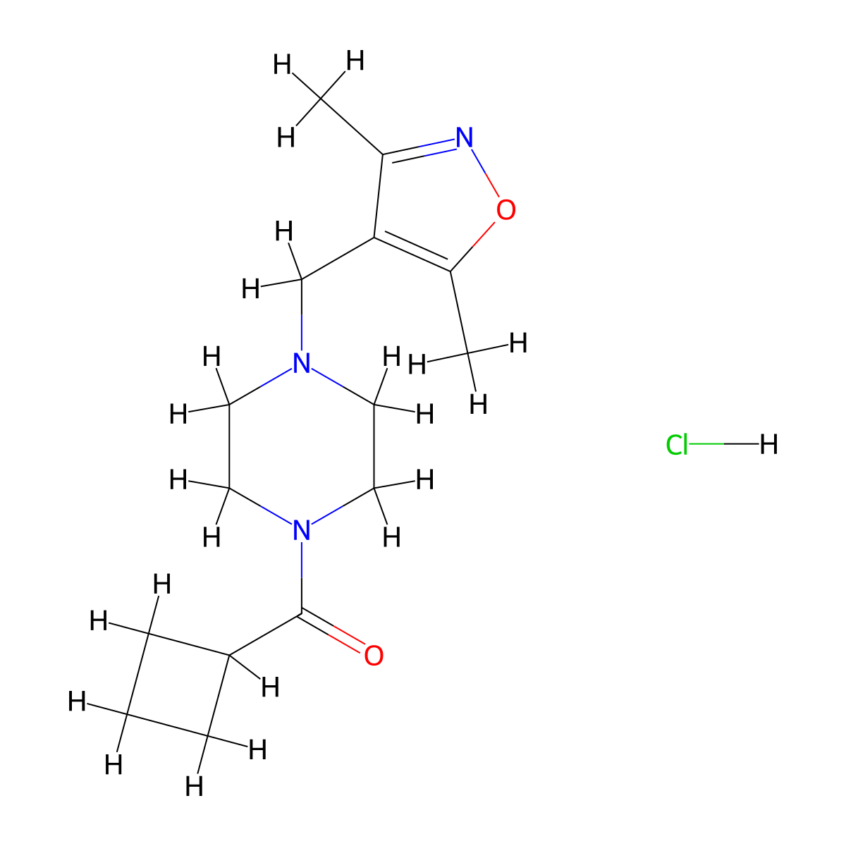 Cyclobutyl(4-((3,5-dimethylisoxazol-4-yl)methyl)piperazin-1-yl)methanone hydrochloride molecular structure, CAS 1396885-18-9