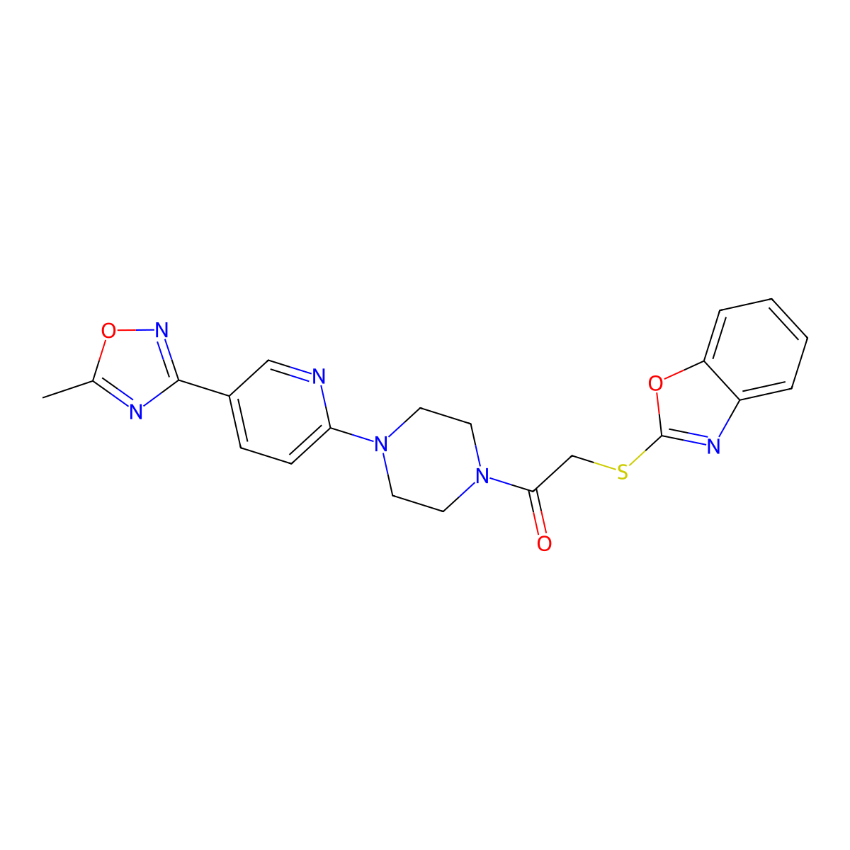 2-(Benzo[d]oxazol-2-ylthio)-1-(4-(5-(5-methyl-1,2,4-oxadiazol-3-yl)pyridin-2-yl)piperazin-1-yl)ethanone molecular structure, CAS 1396885-45-2