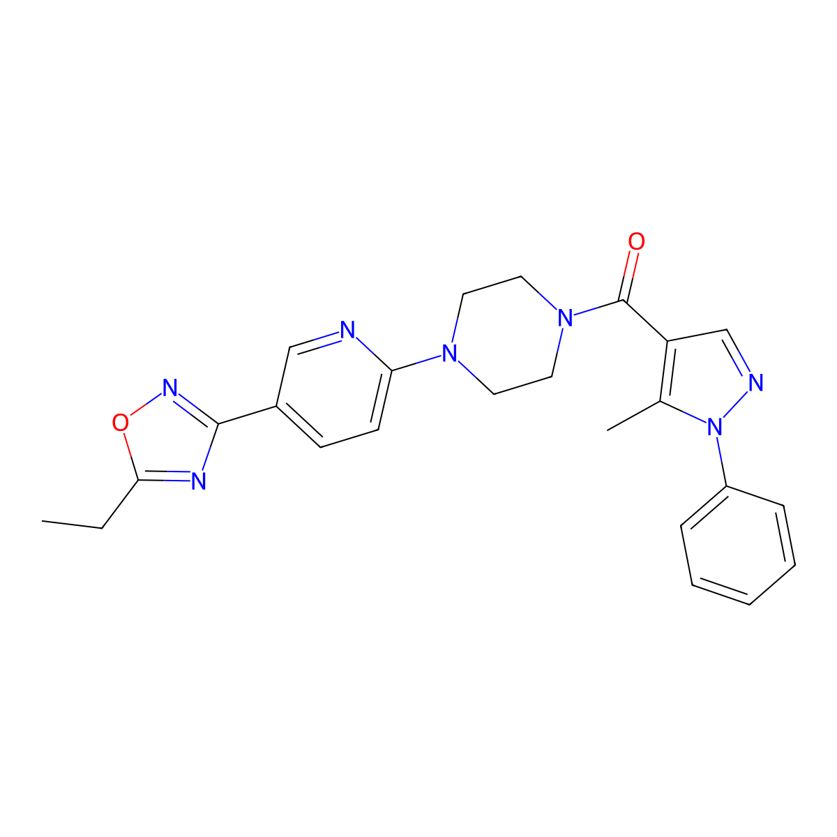 (4-(5-(5-ethyl-1,2,4-oxadiazol-3-yl)pyridin-2-yl)piperazin-1-yl)(5-methyl-1-phenyl-1H-pyrazol-4-yl)methanone molecular structure, CAS 1396885-51-0