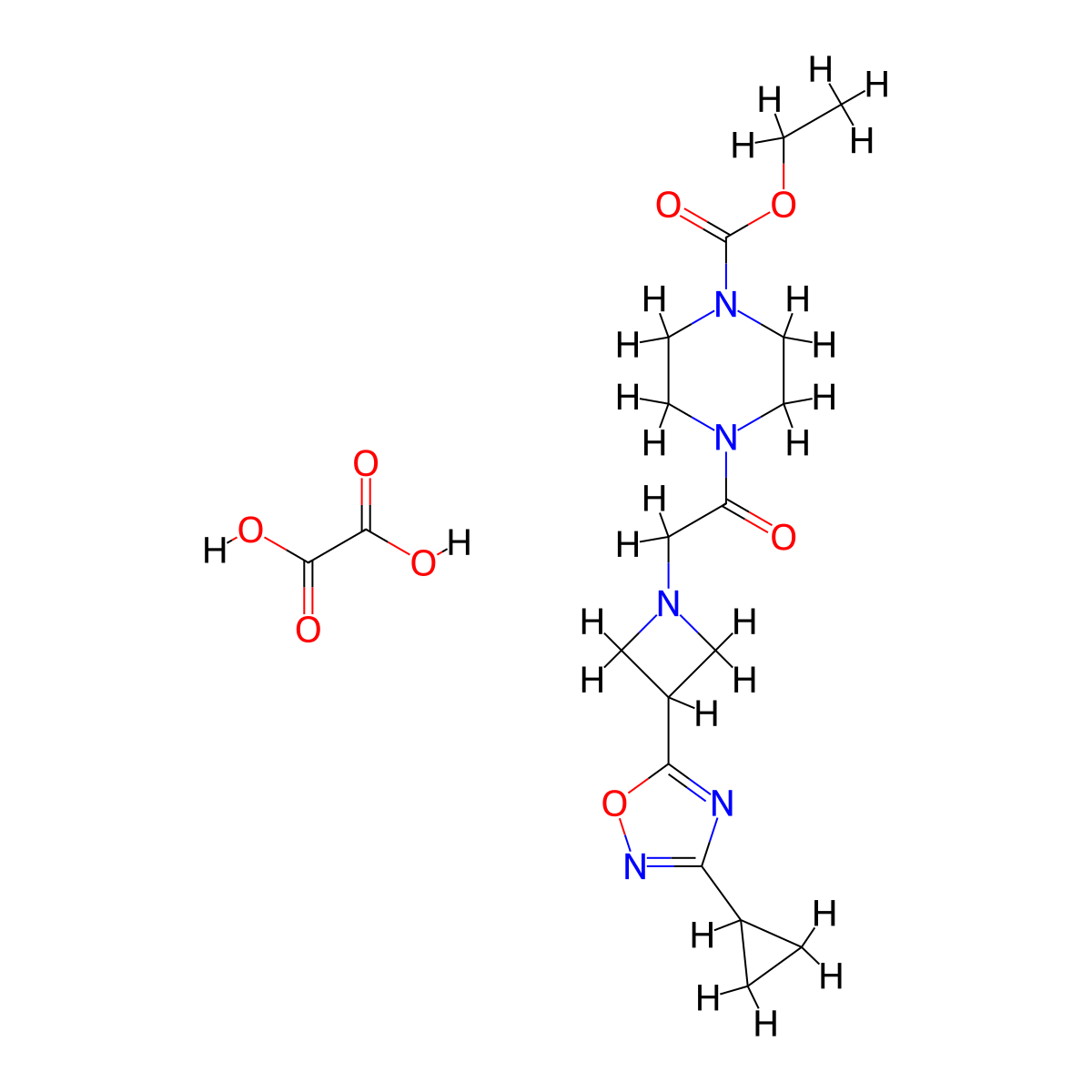 Ethyl 4-(2-(3-(3-cyclopropyl-1,2,4-oxadiazol-5-yl)azetidin-1-yl)acetyl)piperazine-1-carboxylate oxalate molecular structure, CAS 1396885-57-6