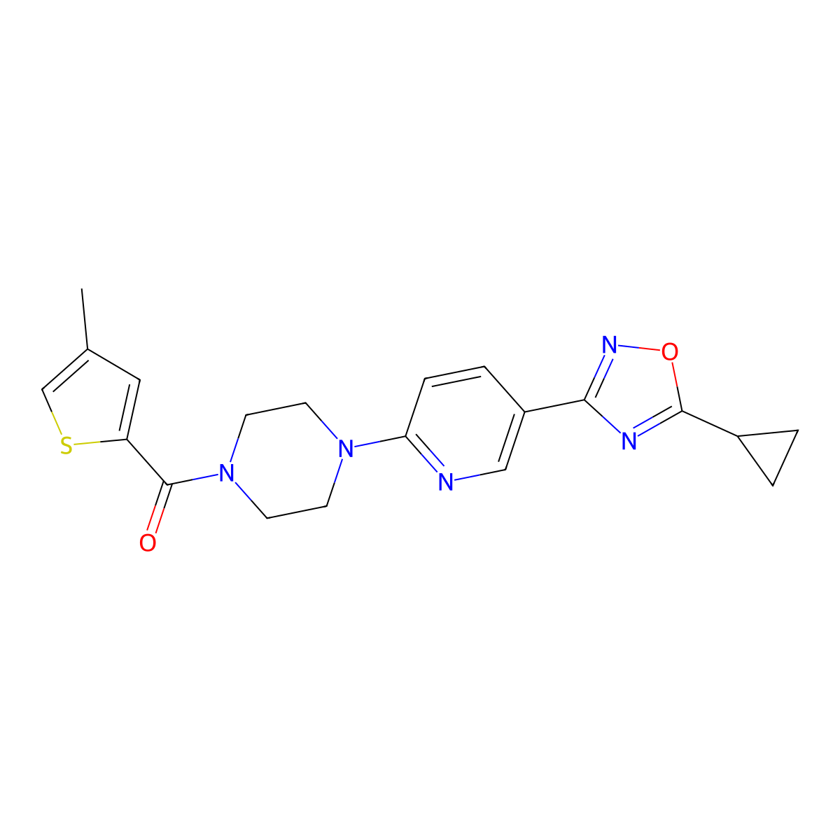 (4-(5-(5-Cyclopropyl-1,2,4-oxadiazol-3-yl)pyridin-2-yl)piperazin-1-yl)(4-methylthiophen-2-yl)methanone molecular structure, CAS 1396885-59-8