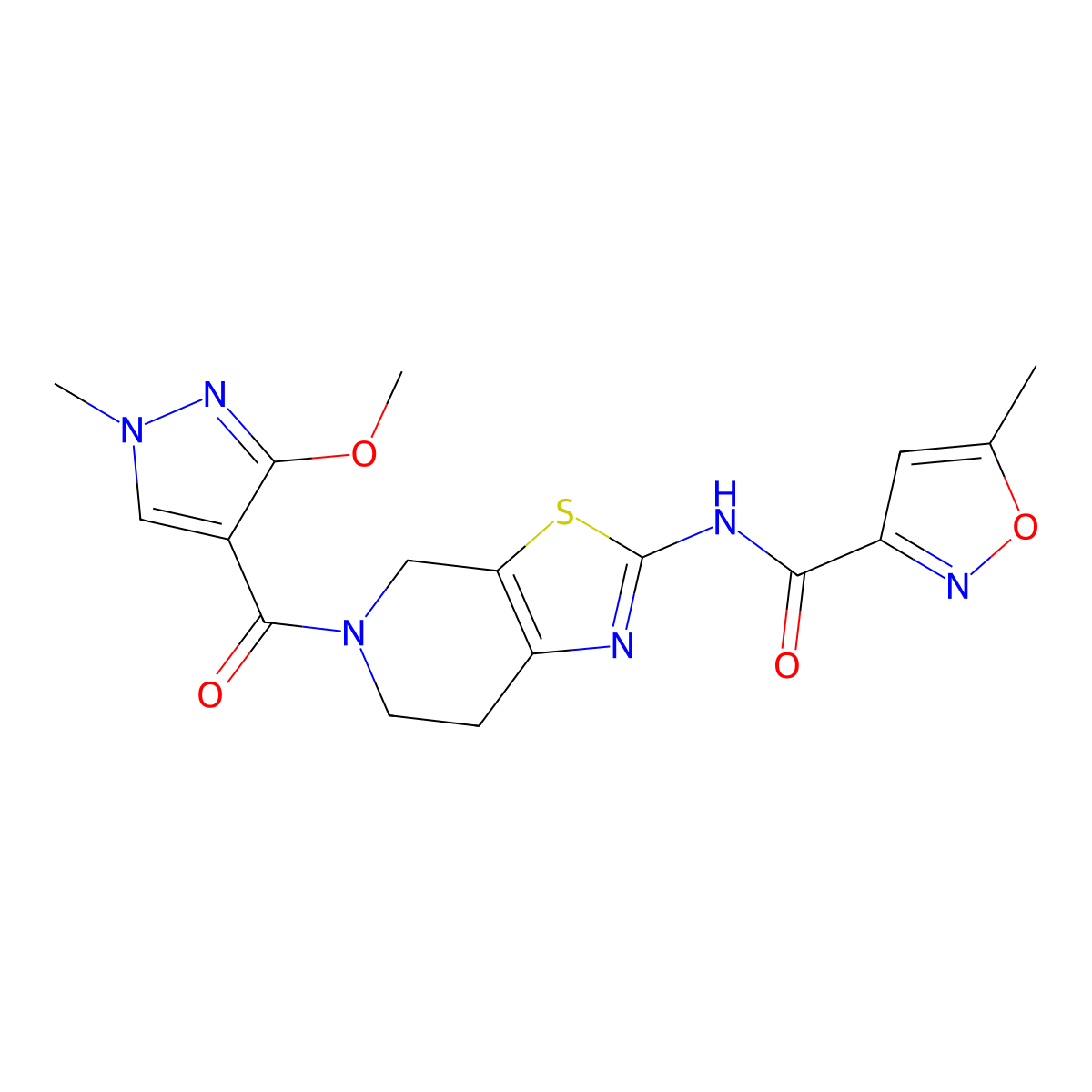 N-(5-(3-methoxy-1-methyl-1H-pyrazole-4-carbonyl)-4,5,6,7-tetrahydrothiazolo[5,4-c]pyridin-2-yl)-5-methylisoxazole-3-carboxamide molecular structure, CAS 1396885-64-5
