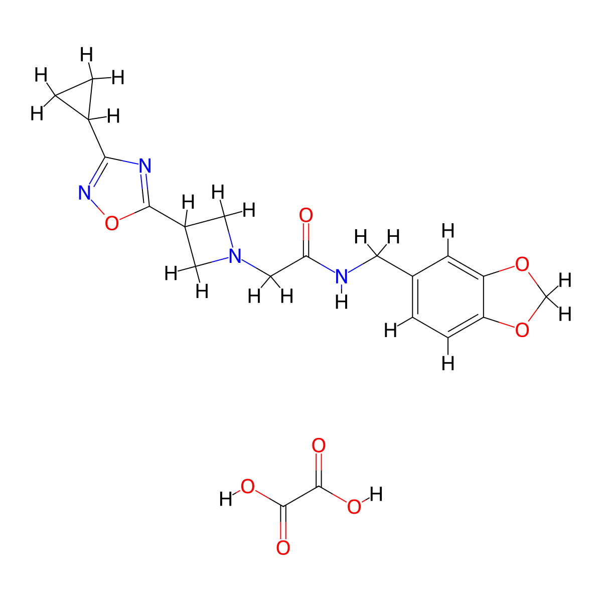 N-(benzo[d][1,3]dioxol-5-ylmethyl)-2-(3-(3-cyclopropyl-1,2,4-oxadiazol-5-yl)azetidin-1-yl)acetamide oxalate molecular structure, CAS 1396885-70-3
