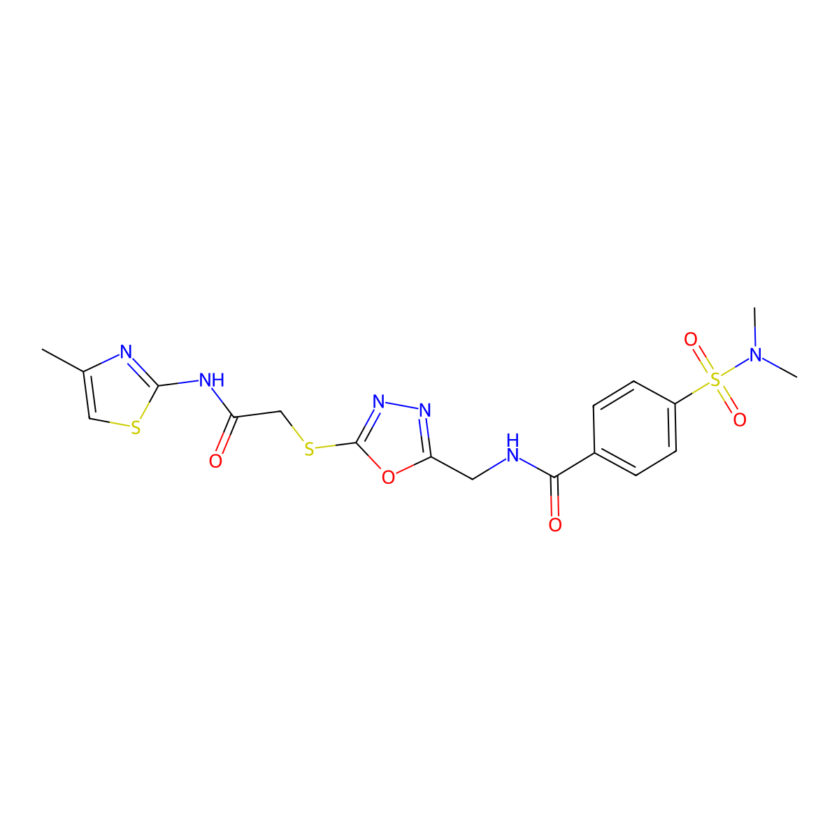 4-(N,N-dimethylsulfamoyl)-N-((5-((2-((4-methylthiazol-2-yl)amino)-2-oxoethyl)thio)-1,3,4-oxadiazol-2-yl)methyl)benzamide molecular structure, CAS 1396885-73-6