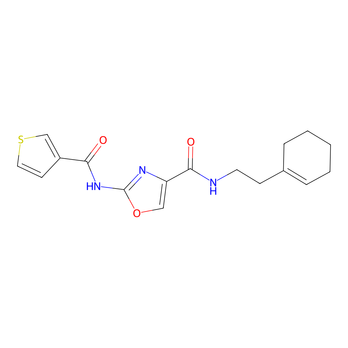 N-(2-(cyclohex-1-en-1-yl)ethyl)-2-(thiophene-3-carboxamido)oxazole-4-carboxamide molecular structure, CAS 1396885-95-2