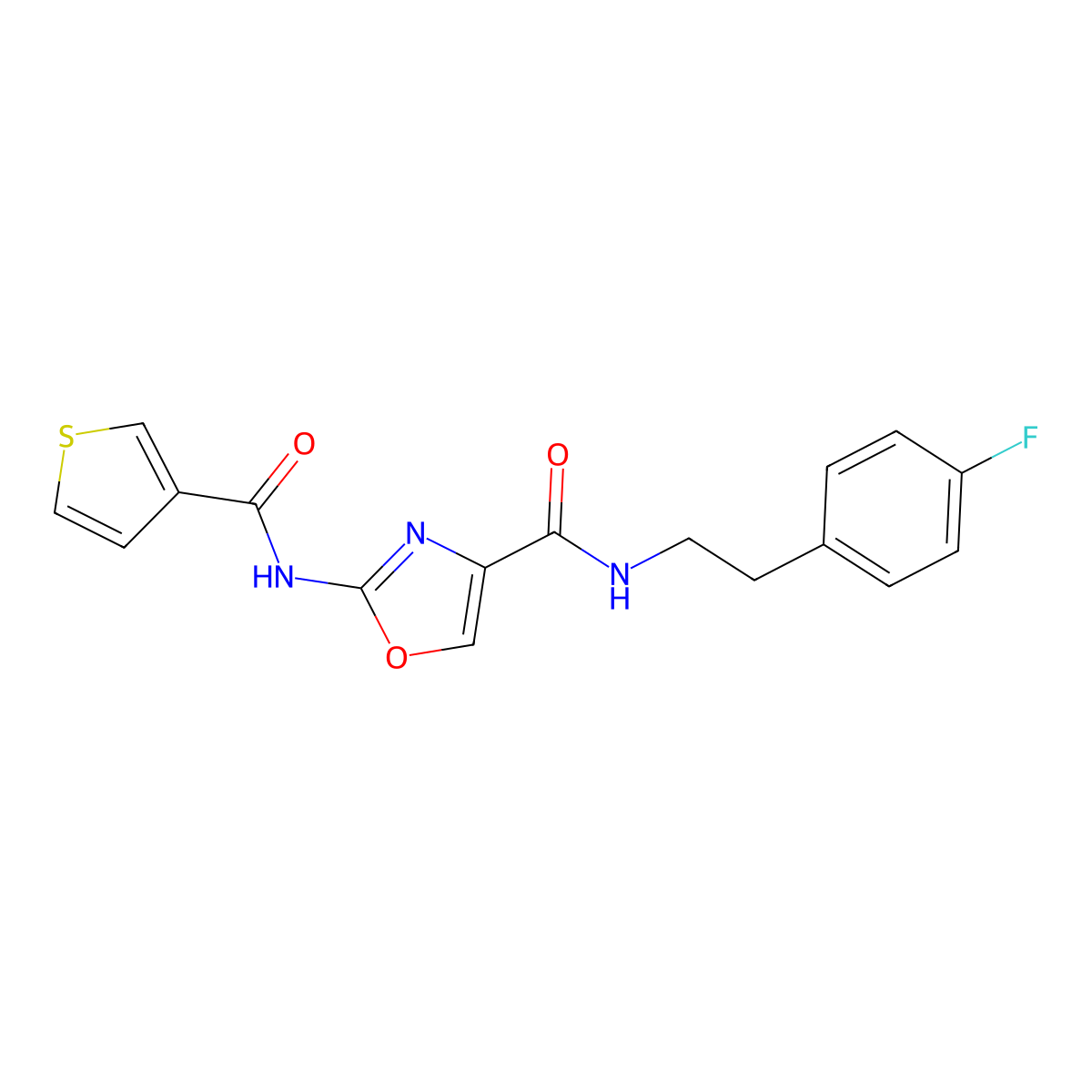 N-(4-fluorophenethyl)-2-(thiophene-3-carboxamido)oxazole-4-carboxamide molecular structure, CAS 1396886-00-2