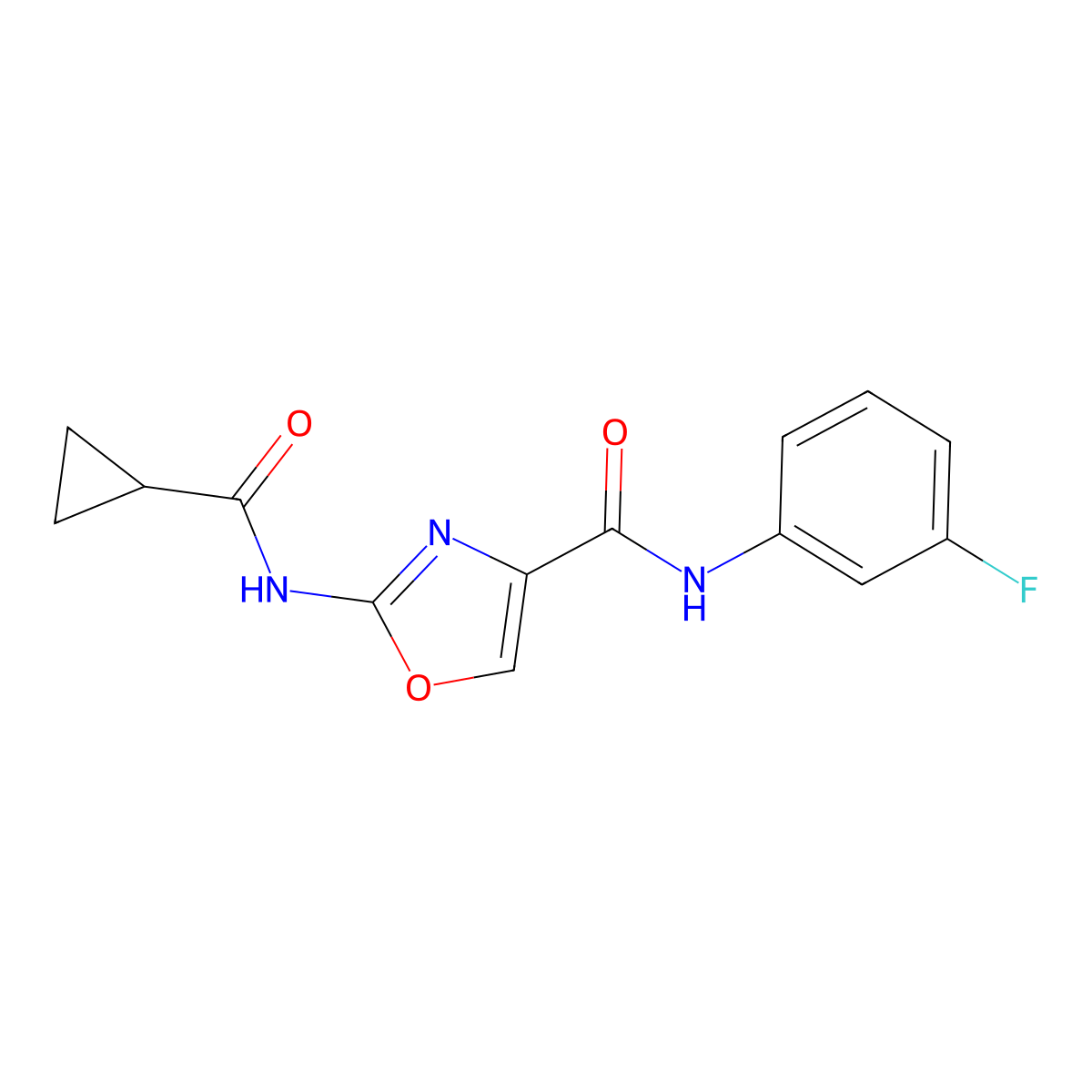 2-(cyclopropanecarboxamido)-N-(3-fluorophenyl)oxazole-4-carboxamide molecular structure, CAS 1396886-12-6