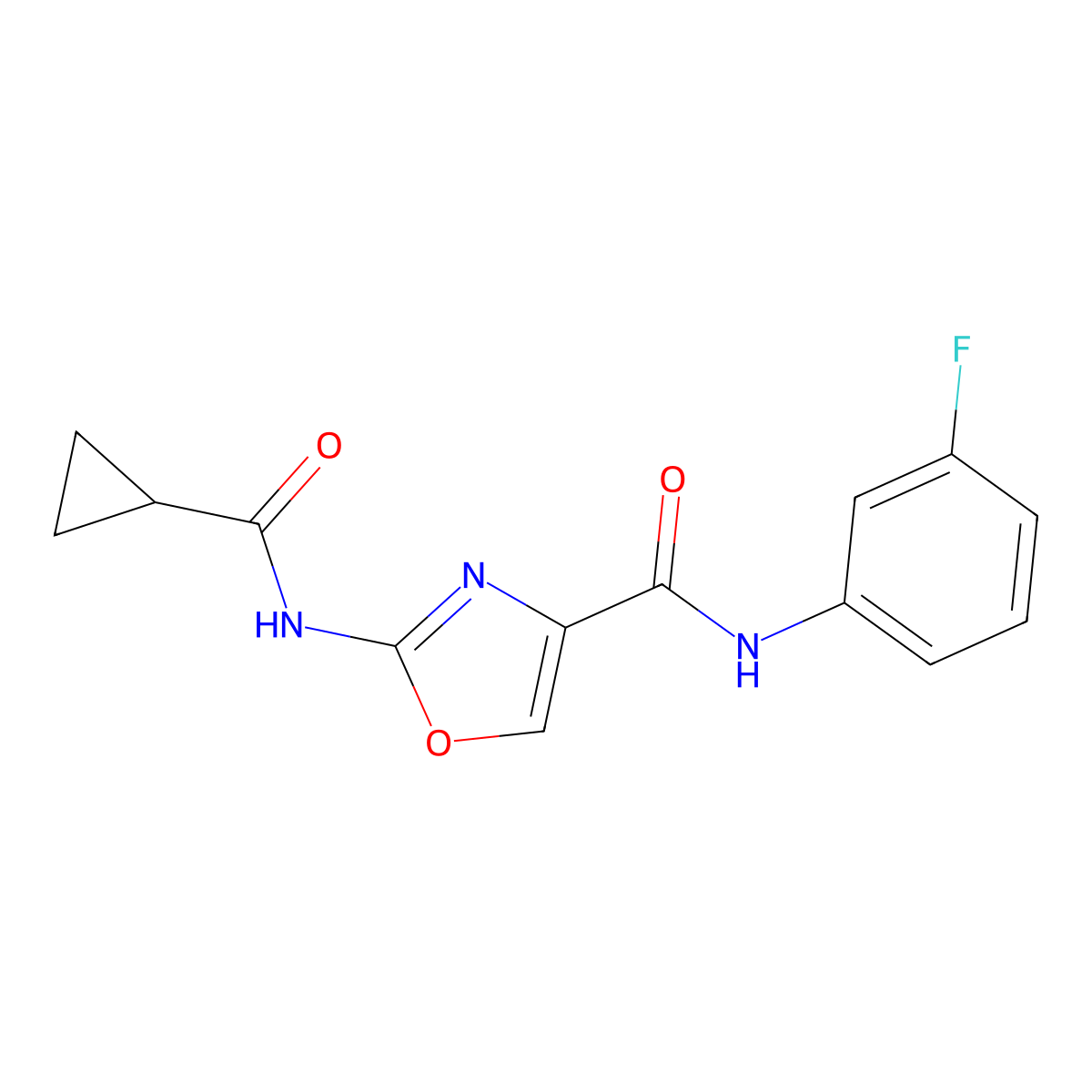 2-(cyclopropanecarboxamido)-N-(3-fluorophenyl)oxazole-4-carboxamide molecular structure, CAS 1396886-12-6