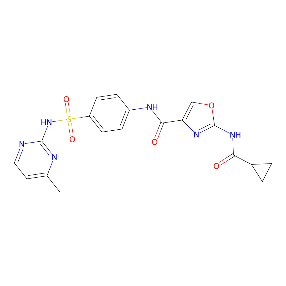 2-(cyclopropanecarboxamido)-N-(4-(N-(4-methylpyrimidin-2-yl)sulfamoyl)phenyl)oxazole-4-carboxamide molecular structure, CAS 1396886-14-8