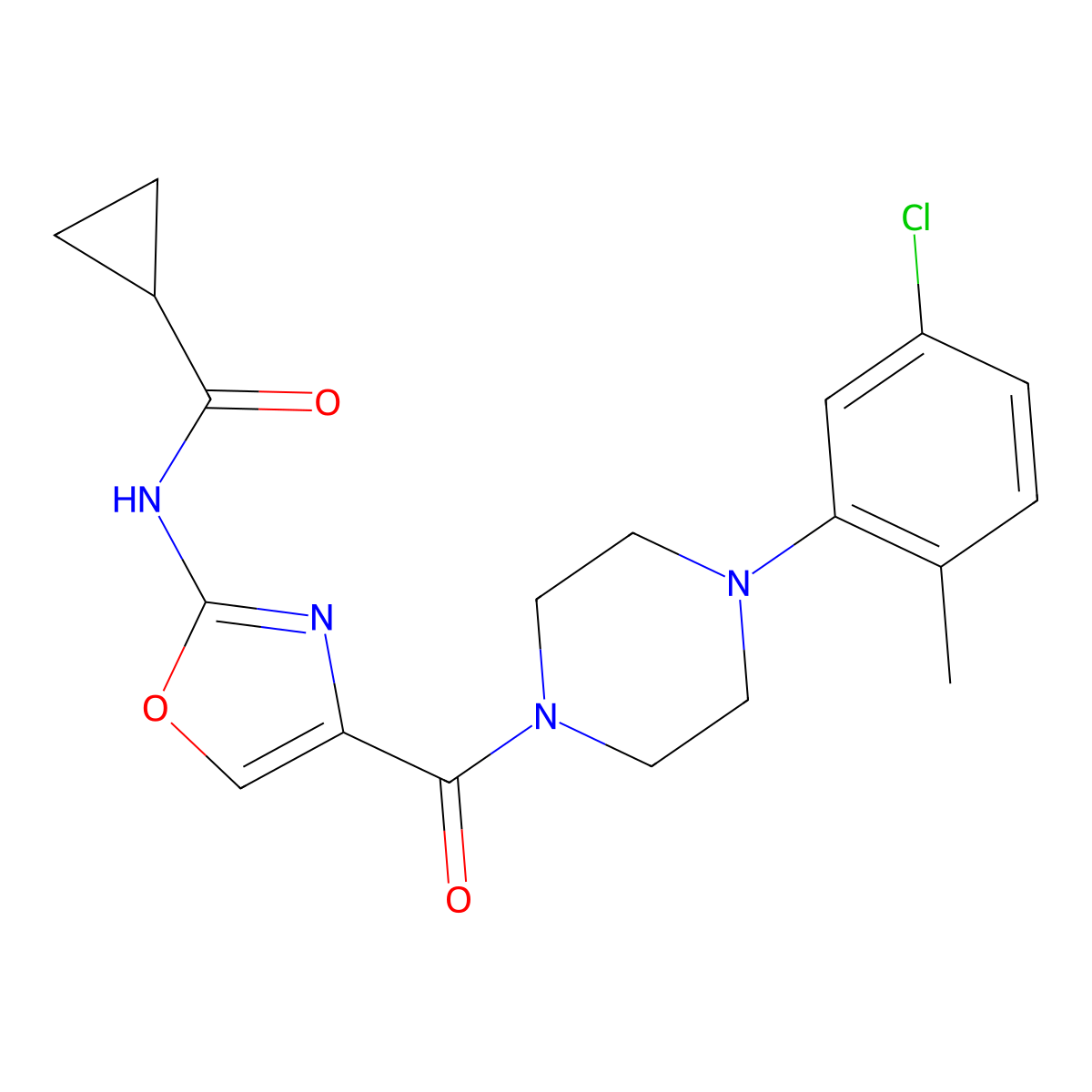 N-(4-(4-(5-chloro-2-methylphenyl)piperazine-1-carbonyl)oxazol-2-yl)cyclopropanecarboxamide molecular structure, CAS 1396886-23-9