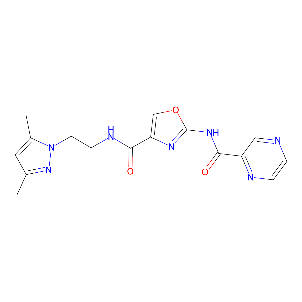 N-(2-(3,5-dimethyl-1H-pyrazol-1-yl)ethyl)-2-(pyrazine-2-carboxamido)oxazole-4-carboxamide molecular structure, CAS 1396886-26-2