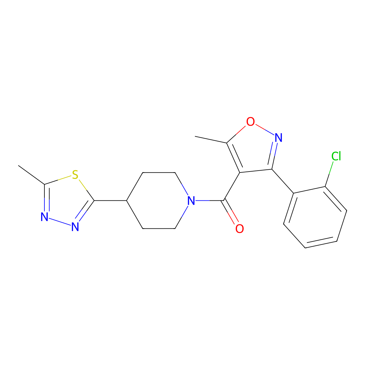 (3-(2-Chlorophenyl)-5-methylisoxazol-4-yl)(4-(5-methyl-1,3,4-thiadiazol-2-yl)piperidin-1-yl)methanone molecular structure, CAS 1396886-27-3