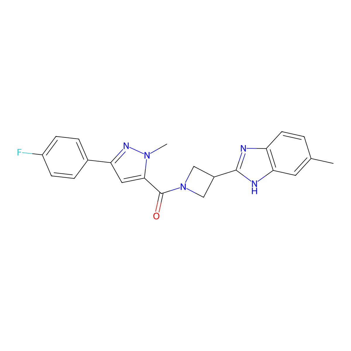 (3-(4-fluorophenyl)-1-methyl-1H-pyrazol-5-yl)(3-(5-methyl-1H-benzo[d]imidazol-2-yl)azetidin-1-yl)methanone molecular structure, CAS 1396886-30-8