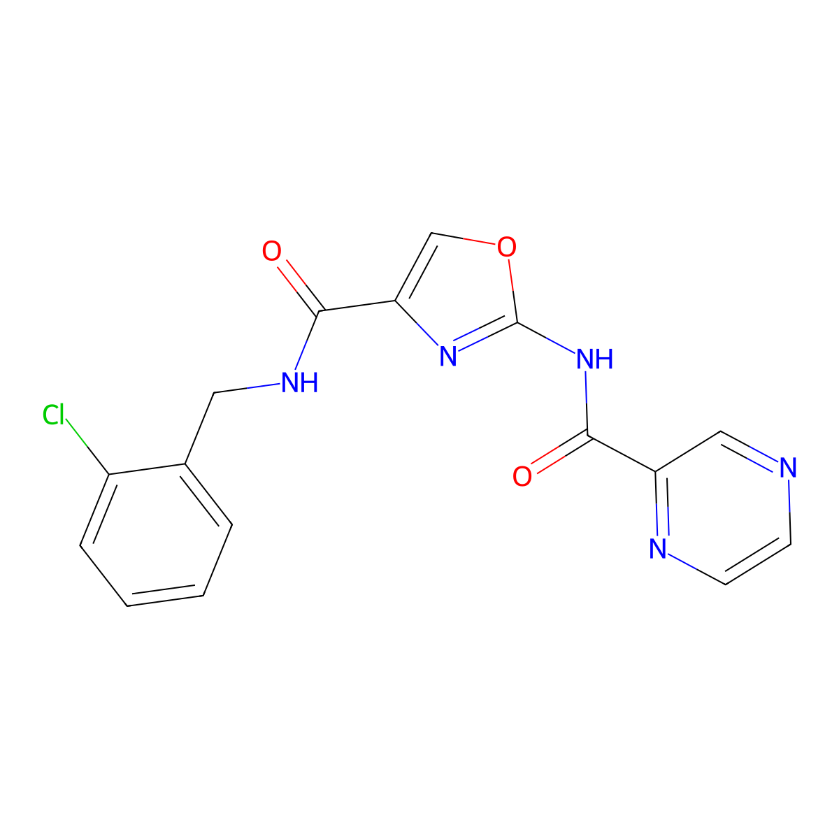N-(2-chlorobenzyl)-2-(pyrazine-2-carboxamido)oxazole-4-carboxamide molecular structure, CAS 1396886-32-0