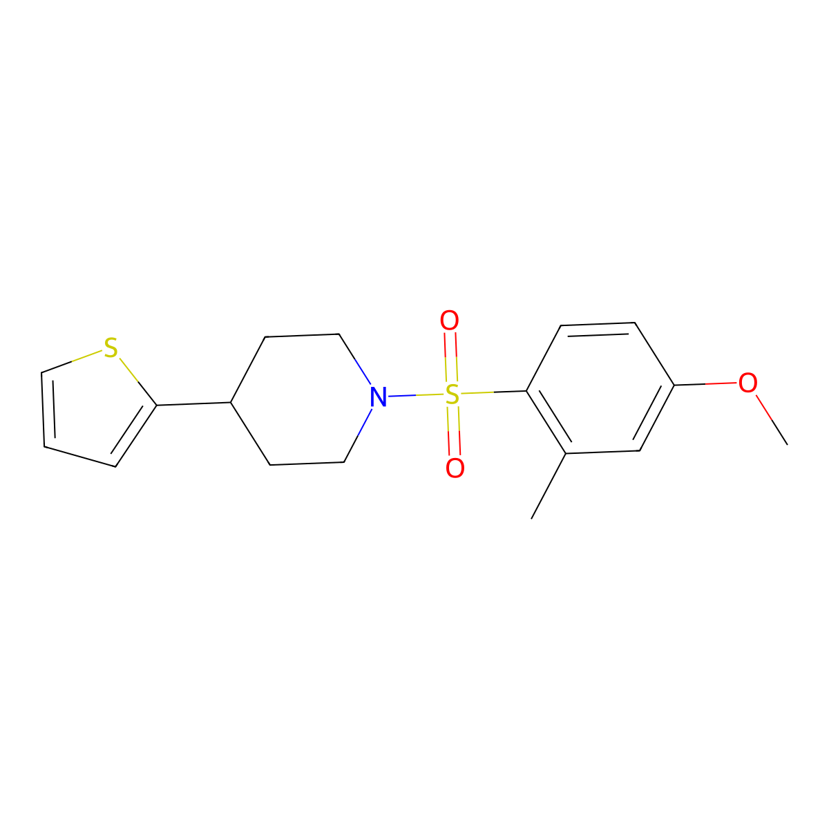 1-((4-Methoxy-2-methylphenyl)sulfonyl)-4-(thiophen-2-yl)piperidine molecular structure, CAS 1396886-35-3