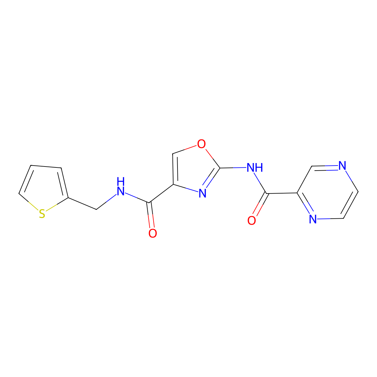 2-(pyrazine-2-carboxamido)-N-(thiophen-2-ylmethyl)oxazole-4-carboxamide molecular structure, CAS 1396886-37-5