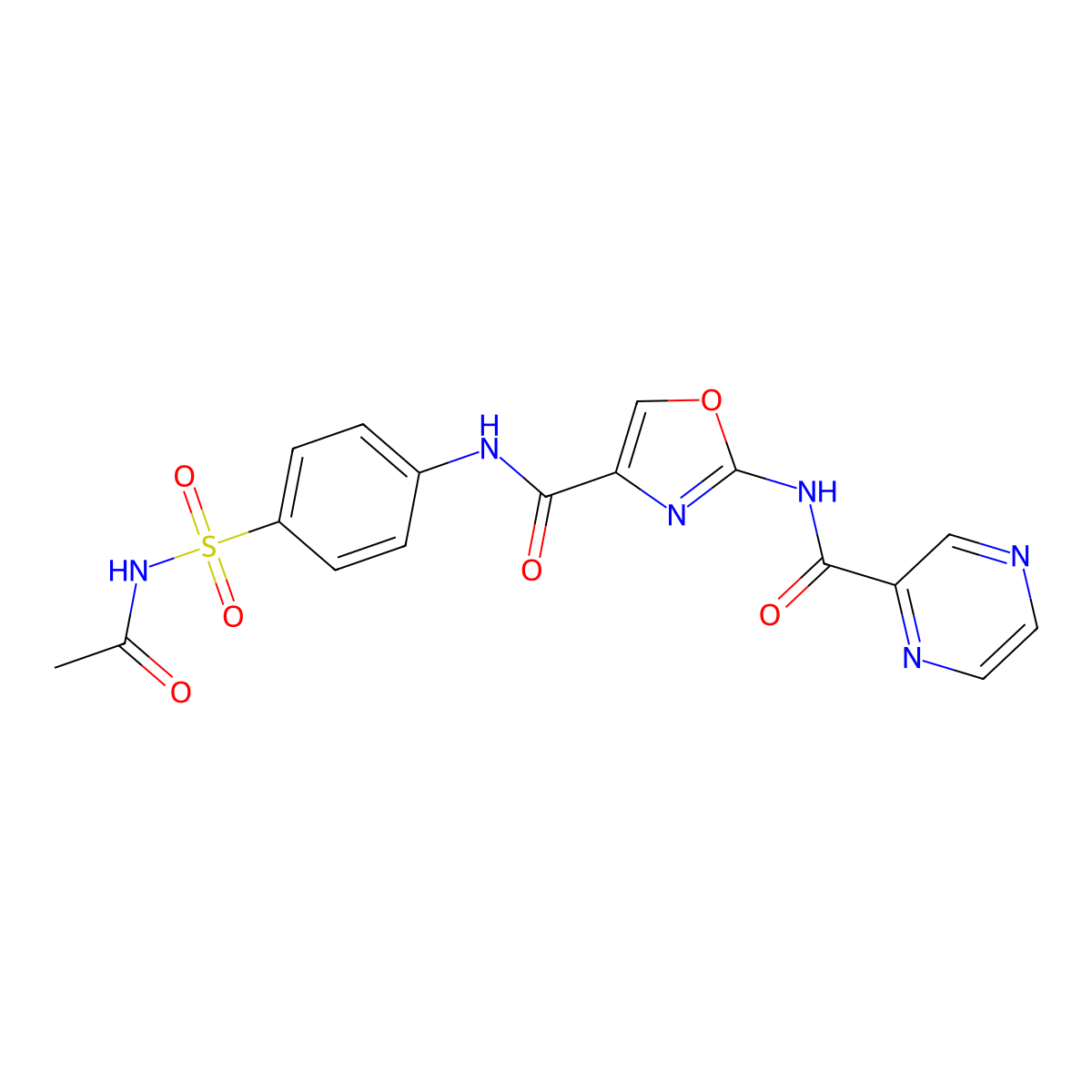 N-(4-(N-acetylsulfamoyl)phenyl)-2-(pyrazine-2-carboxamido)oxazole-4-carboxamide molecular structure, CAS 1396886-40-0