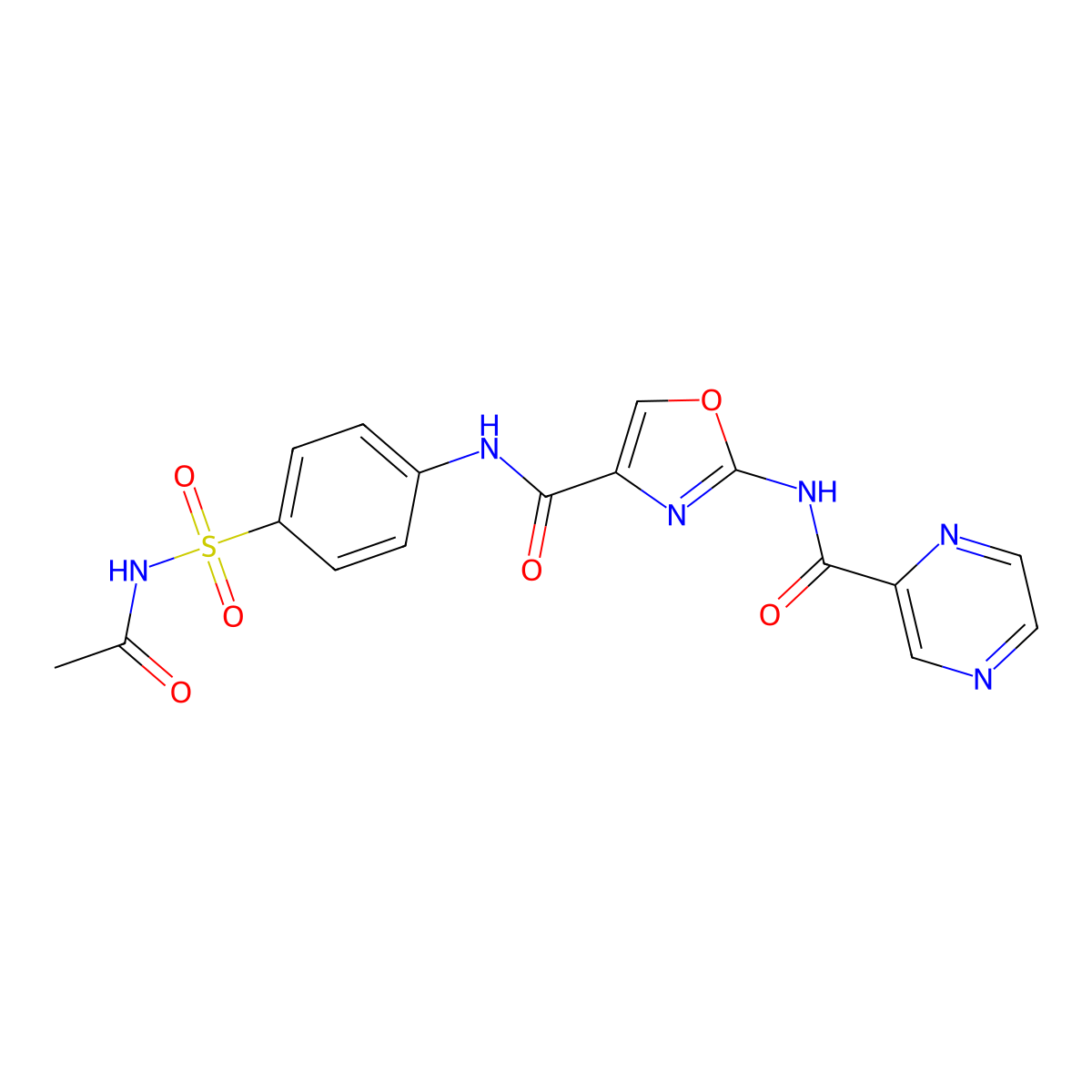 N-(4-(N-acetylsulfamoyl)phenyl)-2-(pyrazine-2-carboxamido)oxazole-4-carboxamide molecular structure, CAS 1396886-40-0