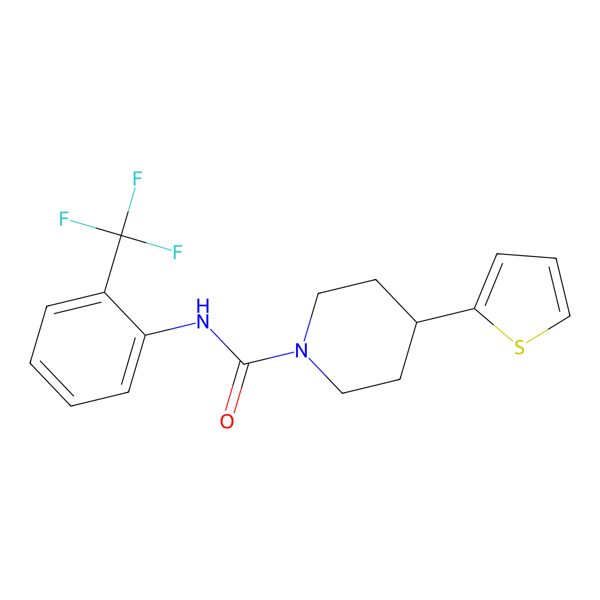 4-(thiophen-2-yl)-N-(2-(trifluoromethyl)phenyl)piperidine-1-carboxamide molecular structure, CAS 1396886-53-5