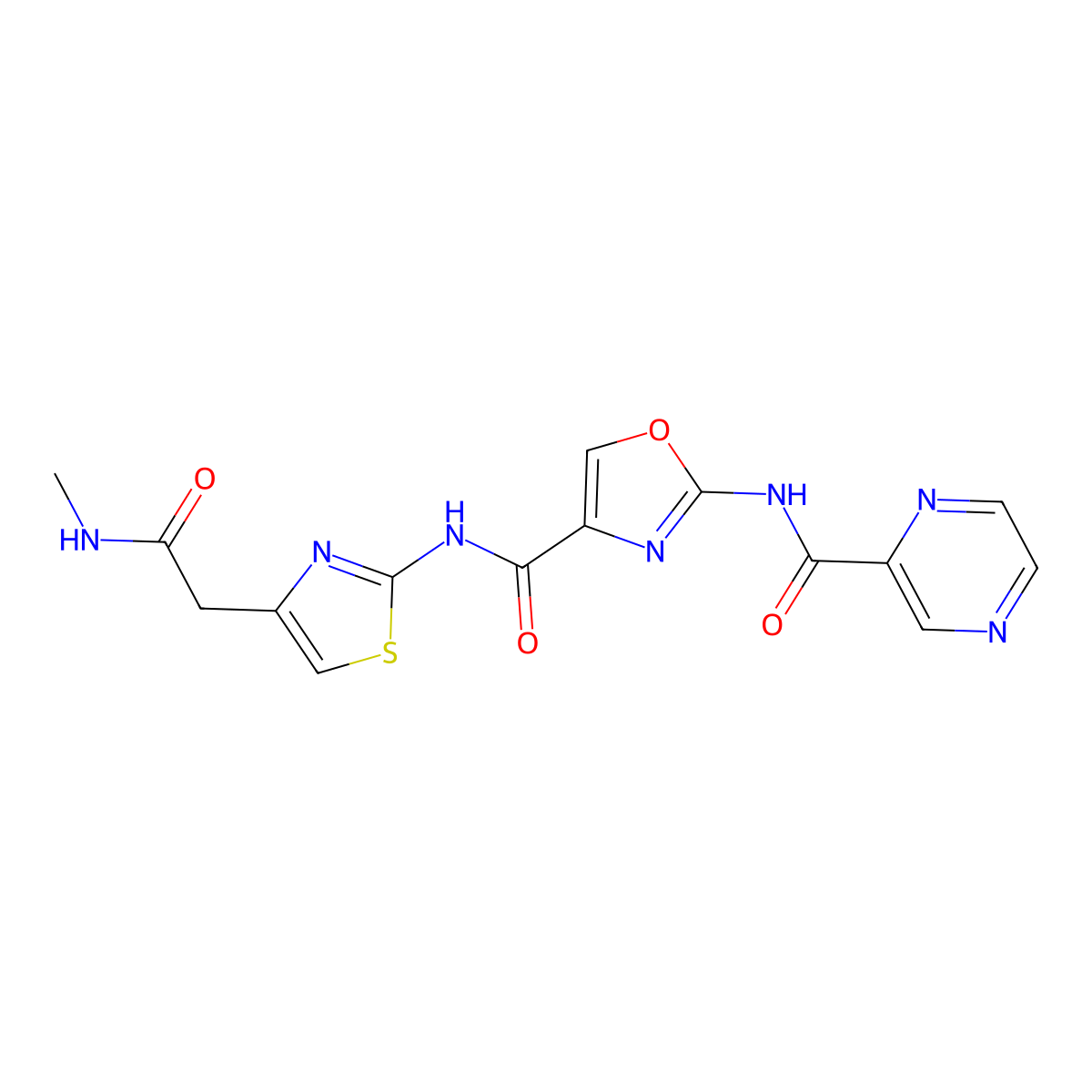 N-(4-(2-(methylamino)-2-oxoethyl)thiazol-2-yl)-2-(pyrazine-2-carboxamido)oxazole-4-carboxamide molecular structure, CAS 1396886-67-1