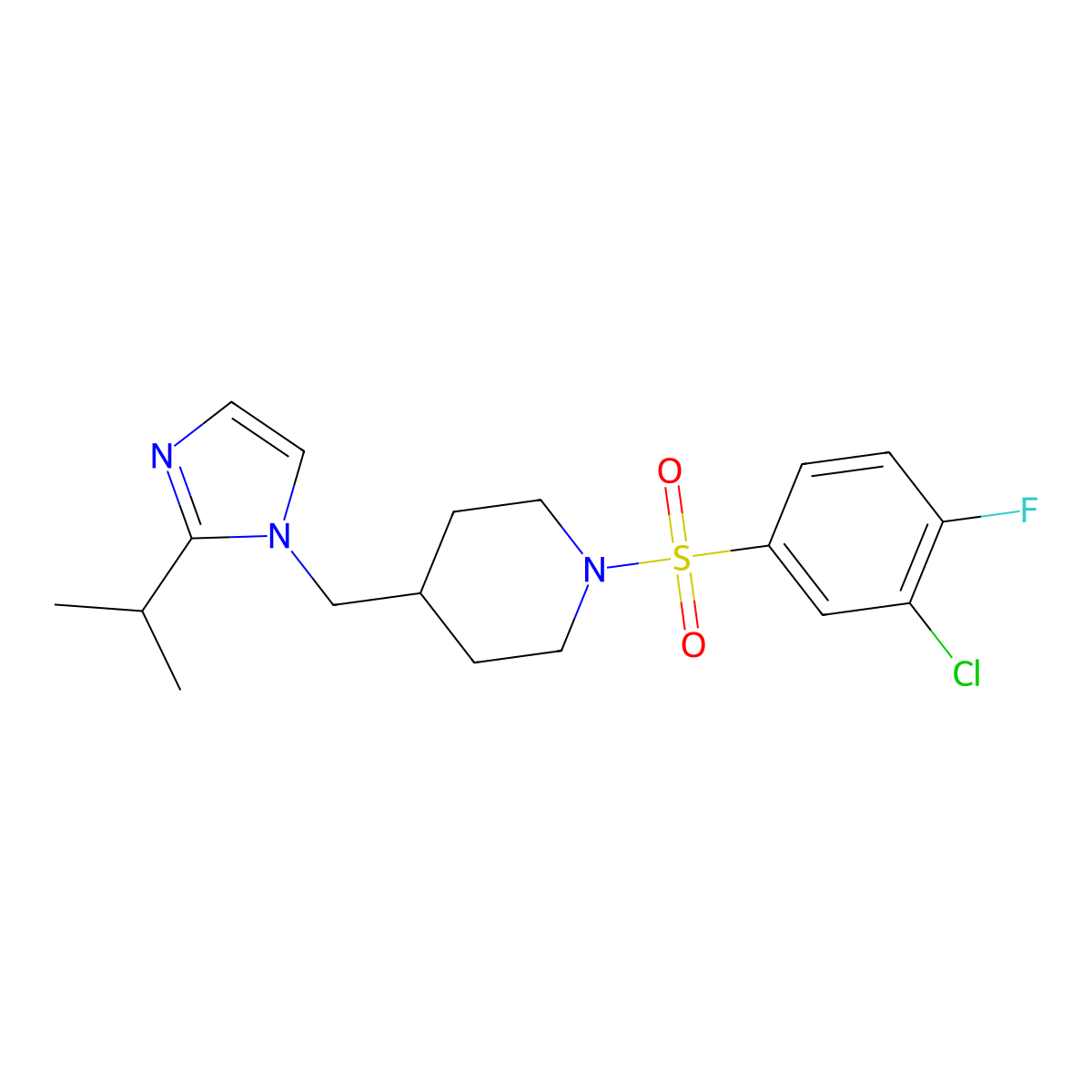 1-((3-chloro-4-fluorophenyl)sulfonyl)-4-((2-isopropyl-1H-imidazol-1-yl)methyl)piperidine molecular structure, CAS 1396886-68-2
