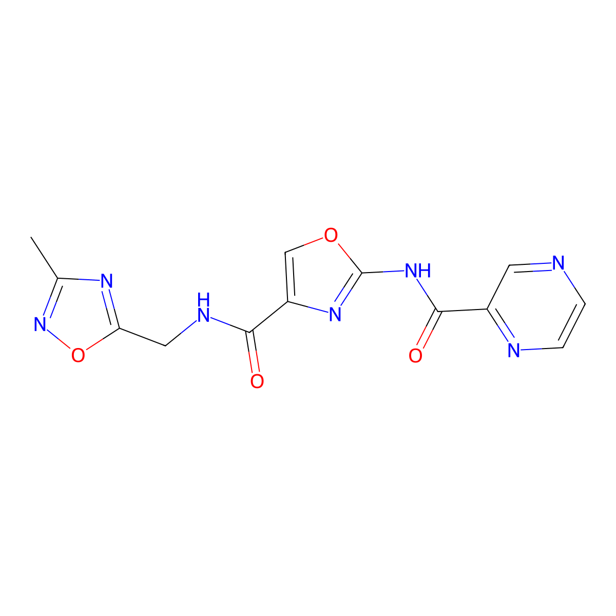 N-((3-methyl-1,2,4-oxadiazol-5-yl)methyl)-2-(pyrazine-2-carboxamido)oxazole-4-carboxamide molecular structure, CAS 1396886-78-4