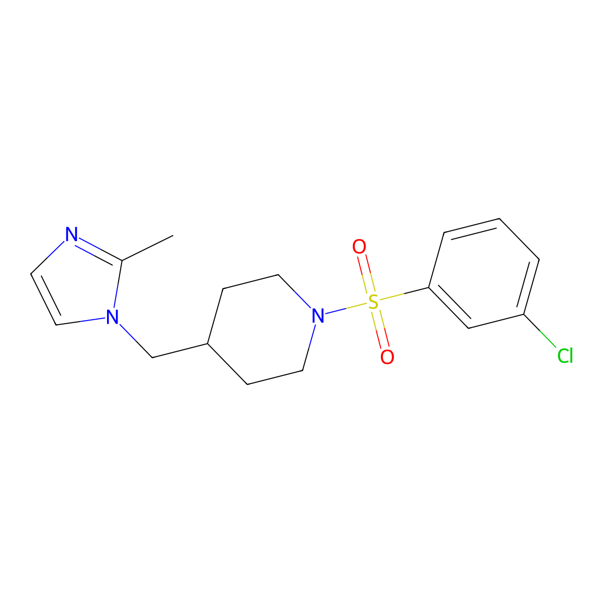 1-((3-chlorophenyl)sulfonyl)-4-((2-methyl-1H-imidazol-1-yl)methyl)piperidine molecular structure, CAS 1396886-94-4