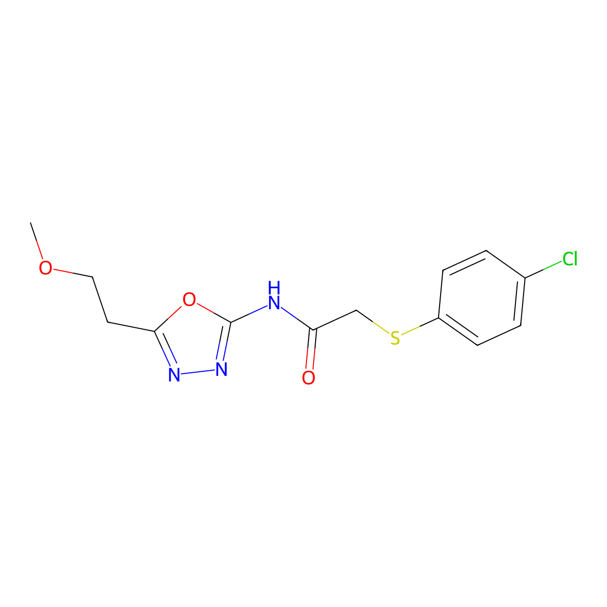 2-((4-chlorophenyl)thio)-N-(5-(2-methoxyethyl)-1,3,4-oxadiazol-2-yl)acetamide molecular structure, CAS 1396886-97-7