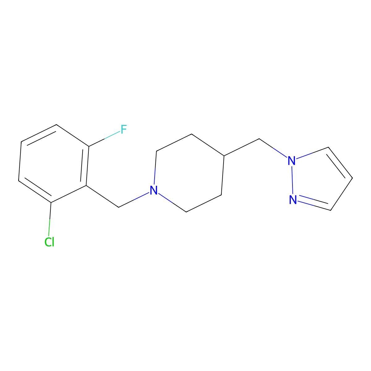 4-((1H-pyrazol-1-yl)methyl)-1-(2-chloro-6-fluorobenzyl)piperidine molecular structure, CAS 1396887-01-6