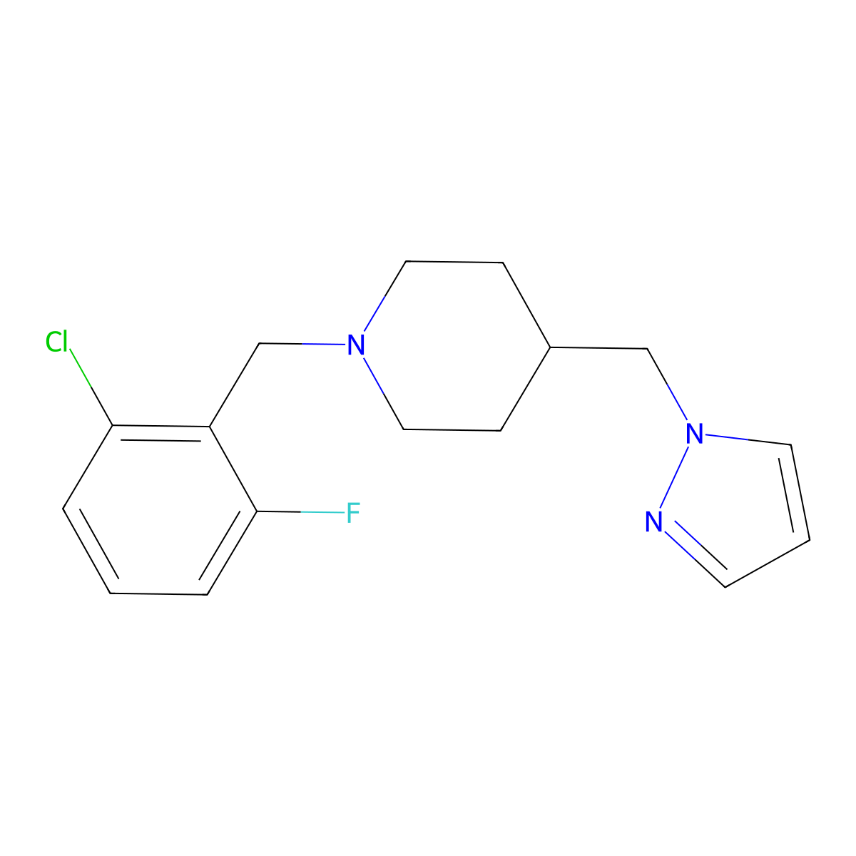 4-((1H-pyrazol-1-yl)methyl)-1-(2-chloro-6-fluorobenzyl)piperidine molecular structure, CAS 1396887-01-6