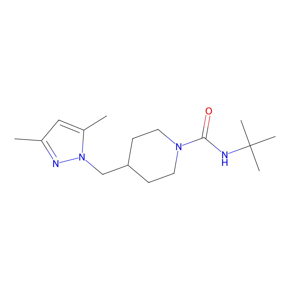 N-(tert-butyl)-4-((3,5-dimethyl-1H-pyrazol-1-yl)methyl)piperidine-1-carboxamide molecular structure, CAS 1396887-02-7