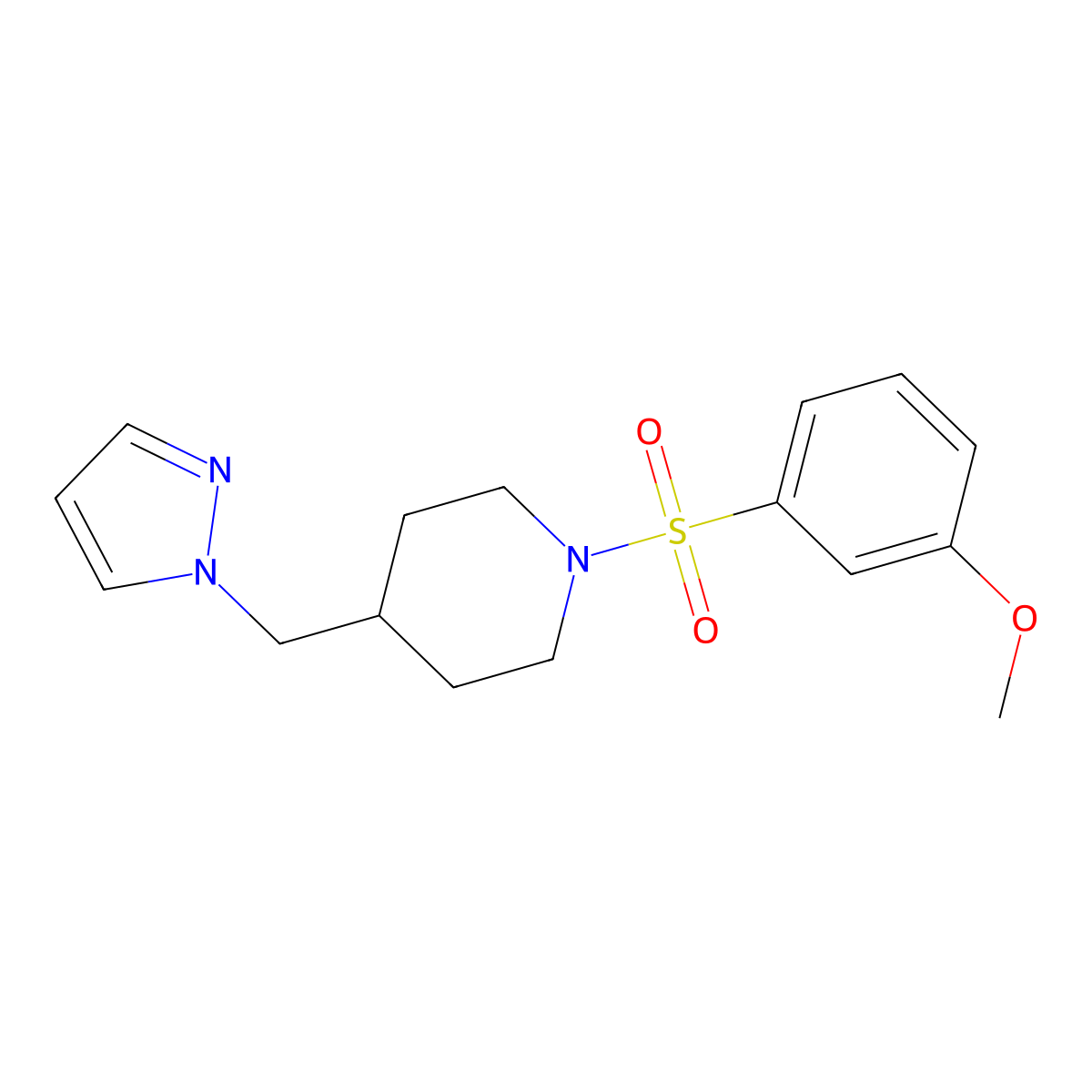 4-((1H-pyrazol-1-yl)methyl)-1-((3-methoxyphenyl)sulfonyl)piperidine molecular structure, CAS 1396887-07-2