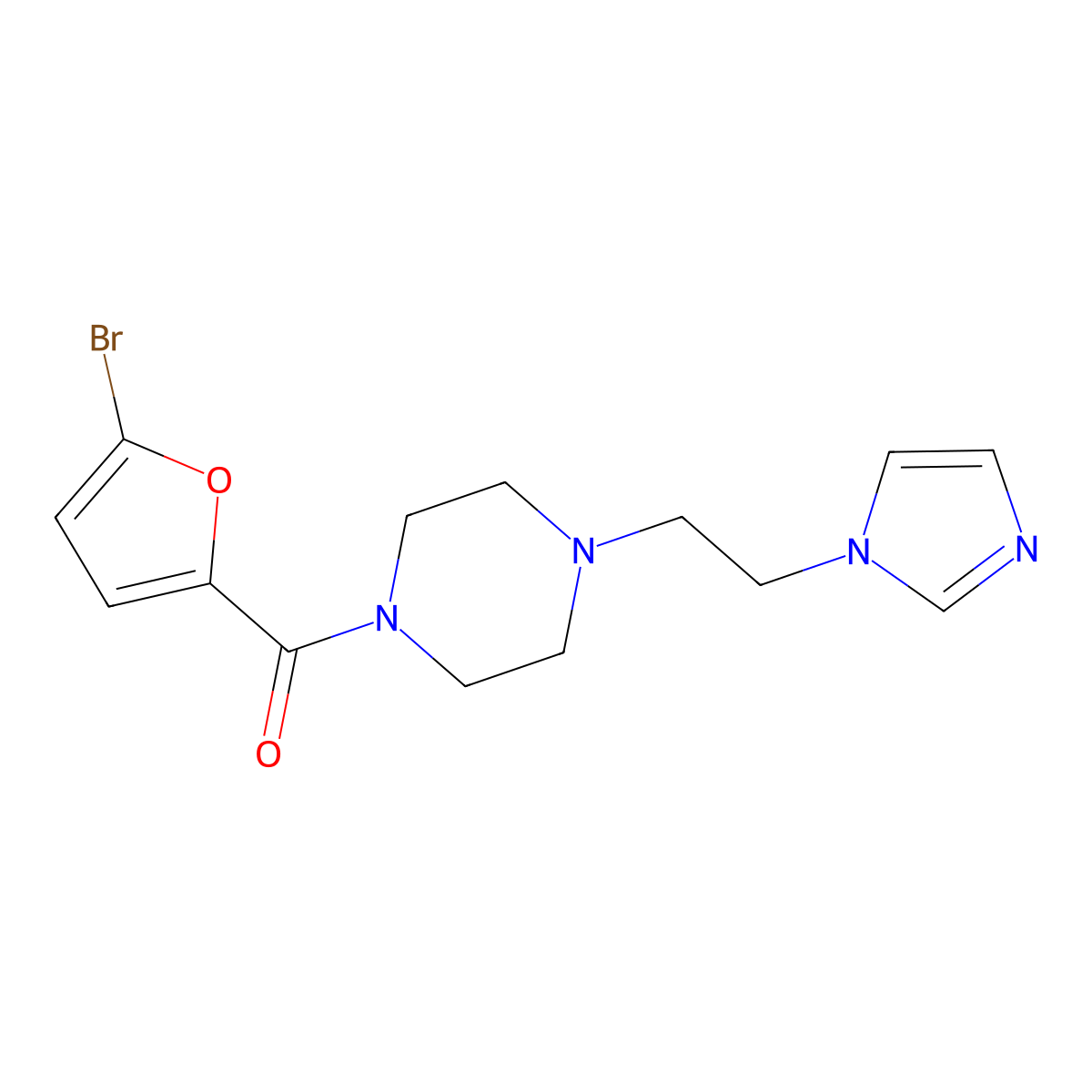 (4-(2-(1H-imidazol-1-yl)ethyl)piperazin-1-yl)(5-bromofuran-2-yl)methanone molecular structure, CAS 1396887-12-9
