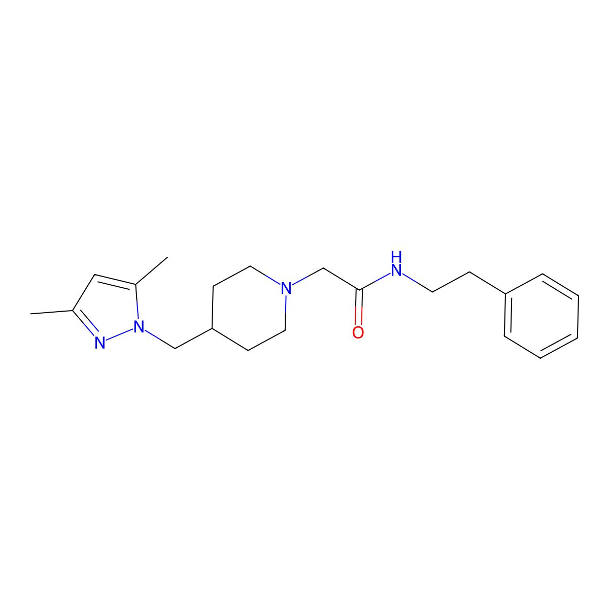 2-(4-((3,5-dimethyl-1H-pyrazol-1-yl)methyl)piperidin-1-yl)-N-phenethylacetamide molecular structure, CAS 1396887-14-1