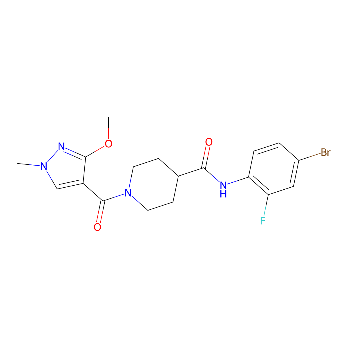 N-(4-bromo-2-fluorophenyl)-1-(3-methoxy-1-methyl-1H-pyrazole-4-carbonyl)piperidine-4-carboxamide molecular structure, CAS 1396887-21-0