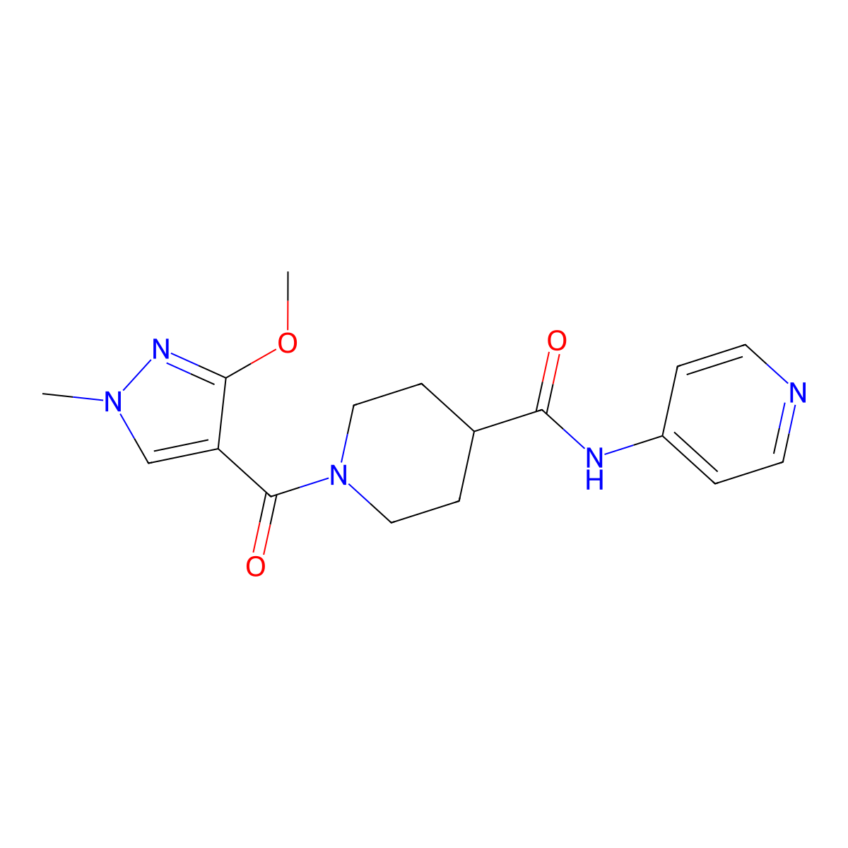 1-(3-methoxy-1-methyl-1H-pyrazole-4-carbonyl)-N-(pyridin-4-yl)piperidine-4-carboxamide molecular structure, CAS 1396887-26-5