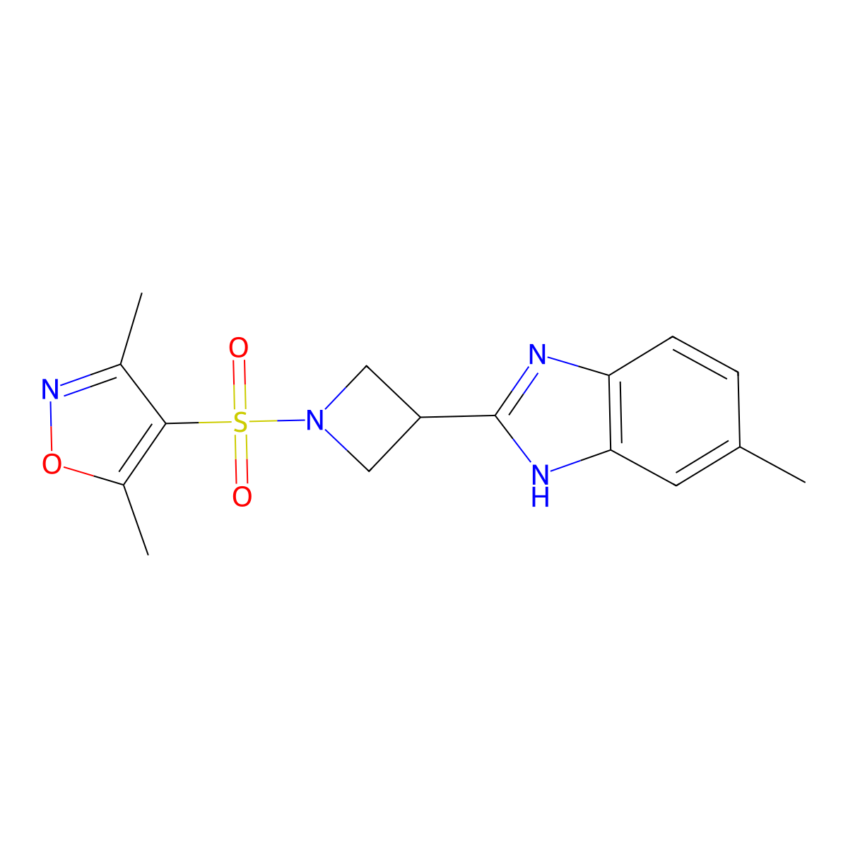 3,5-dimethyl-4-((3-(5-methyl-1H-benzo[d]imidazol-2-yl)azetidin-1-yl)sulfonyl)isoxazole molecular structure, CAS 1396887-31-2