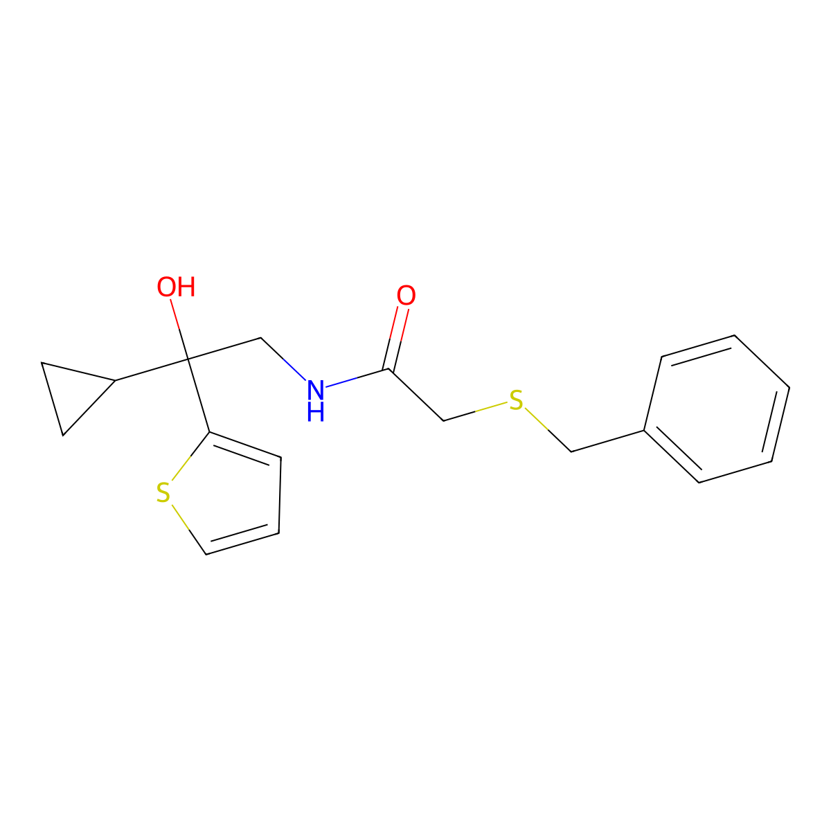 2-(benzylthio)-N-(2-cyclopropyl-2-hydroxy-2-(thiophen-2-yl)ethyl)acetamide molecular structure, CAS 1396887-34-5