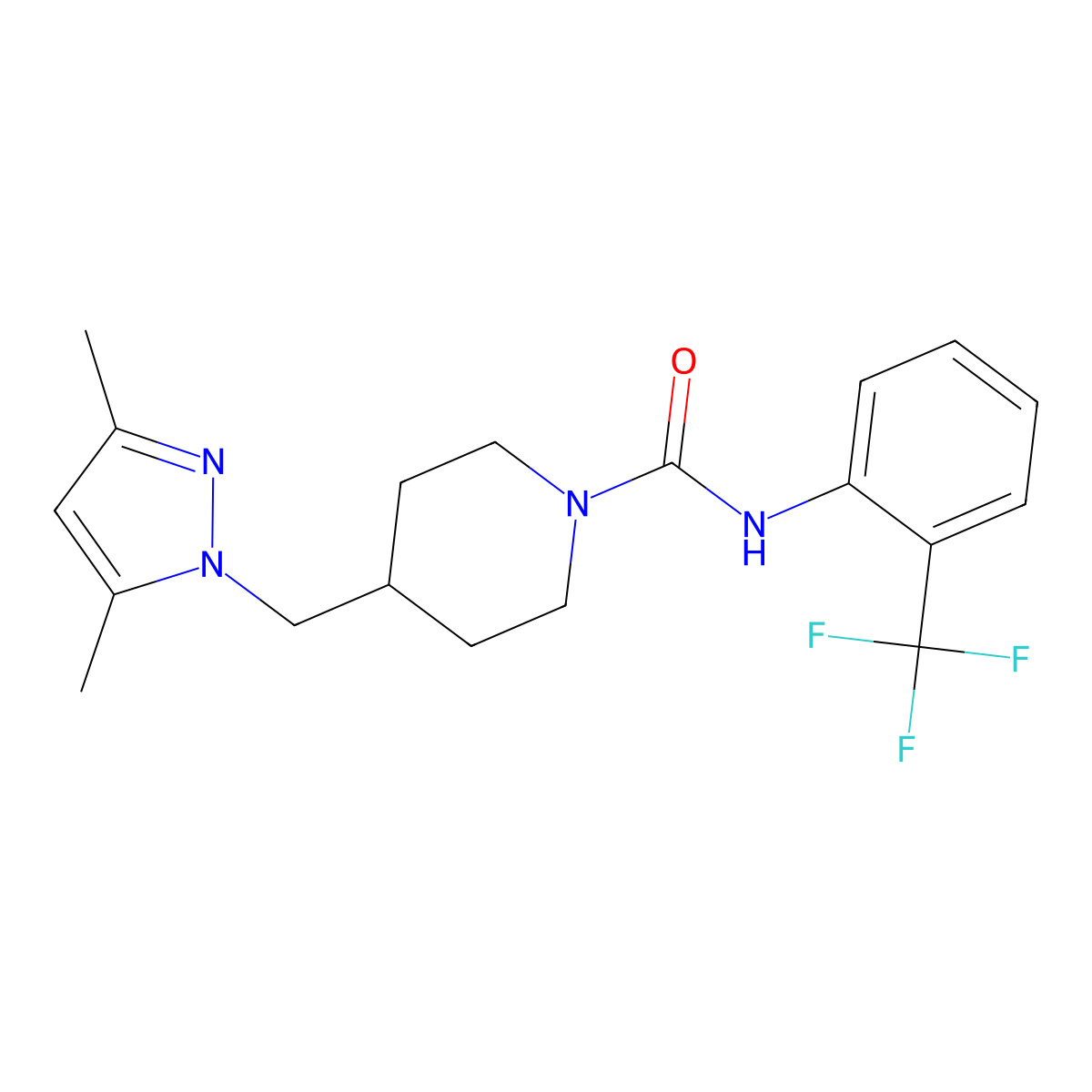 4-((3,5-dimethyl-1H-pyrazol-1-yl)methyl)-N-(2-(trifluoromethyl)phenyl)piperidine-1-carboxamide molecular structure, CAS 1396887-43-6