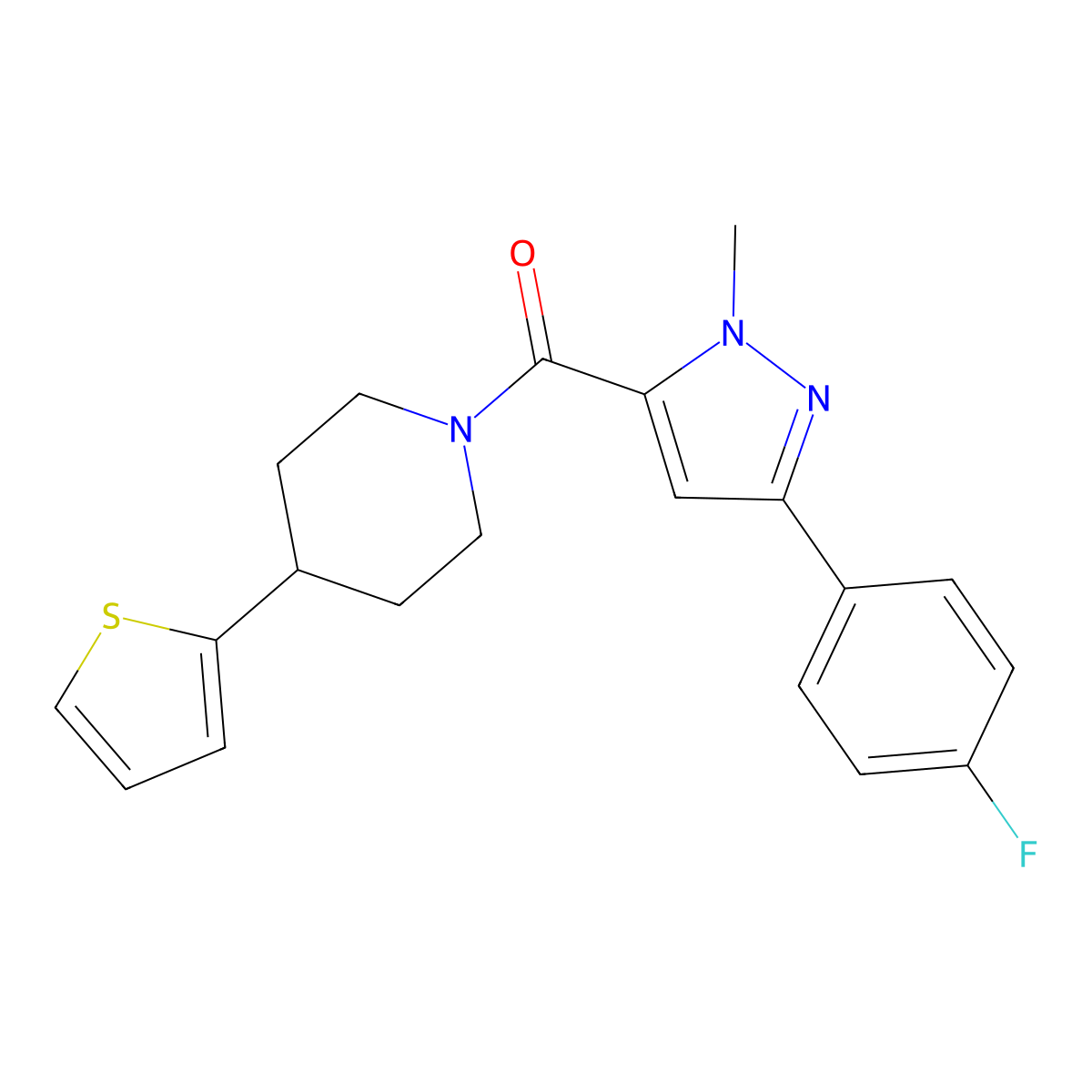 (3-(4-fluorophenyl)-1-methyl-1H-pyrazol-5-yl)(4-(thiophen-2-yl)piperidin-1-yl)methanone molecular structure, CAS 1396887-46-9