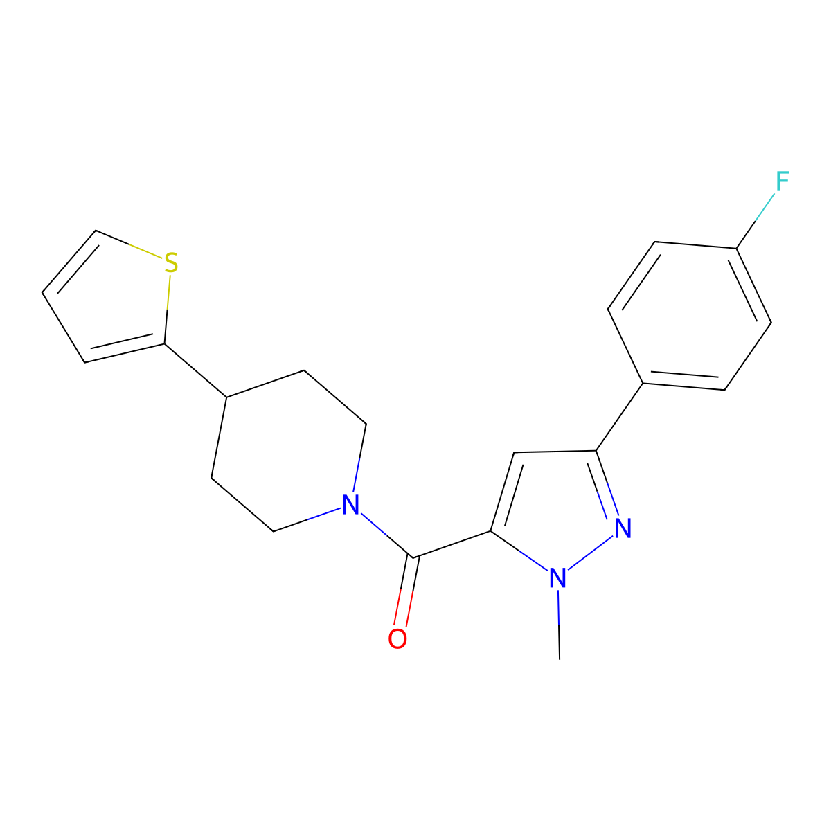 (3-(4-fluorophenyl)-1-methyl-1H-pyrazol-5-yl)(4-(thiophen-2-yl)piperidin-1-yl)methanone molecular structure, CAS 1396887-46-9