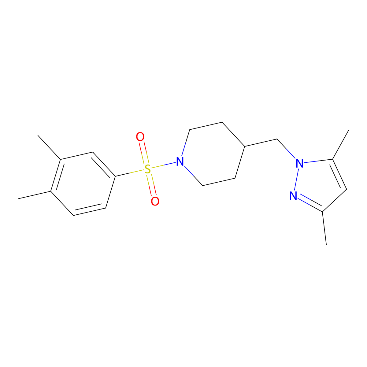 4-((3,5-dimethyl-1H-pyrazol-1-yl)methyl)-1-((3,4-dimethylphenyl)sulfonyl)piperidine molecular structure, CAS 1396887-50-5