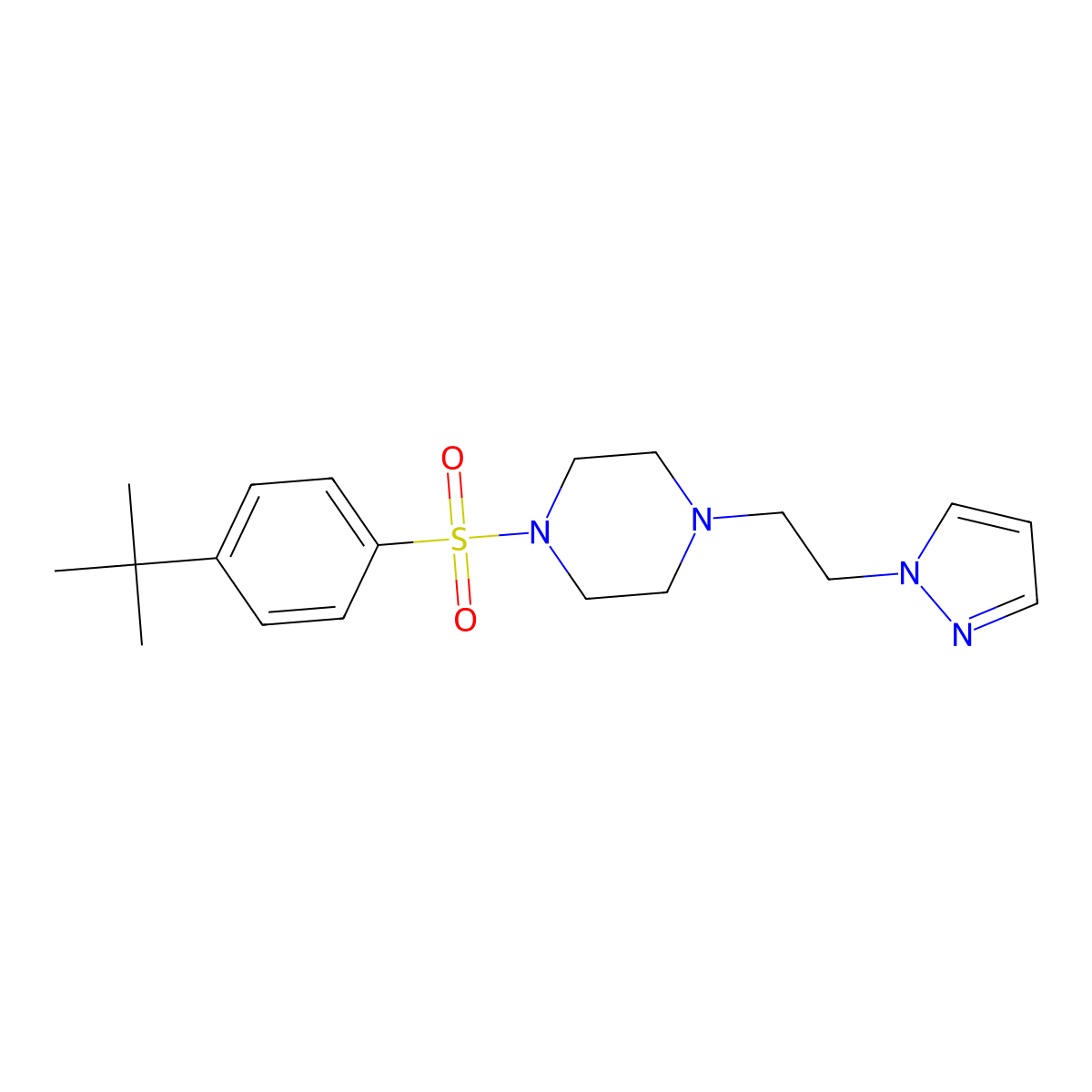 1-(2-(1H-pyrazol-1-yl)ethyl)-4-((4-(tert-butyl)phenyl)sulfonyl)piperazine molecular structure, CAS 1396887-61-8