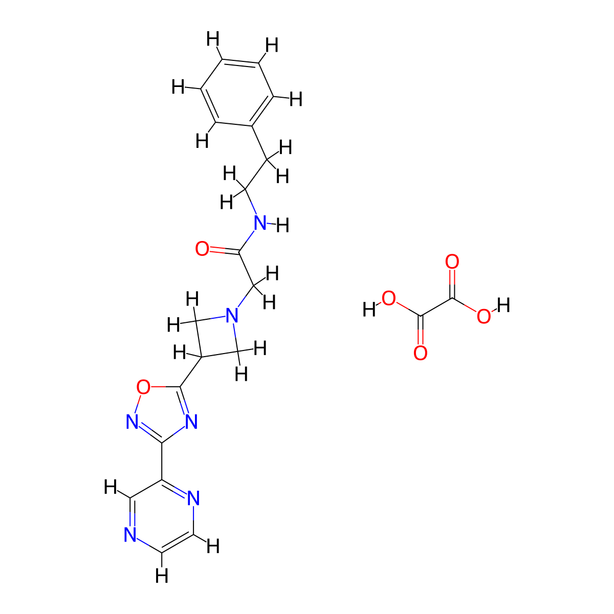 N-phenethyl-2-(3-(3-(pyrazin-2-yl)-1,2,4-oxadiazol-5-yl)azetidin-1-yl)acetamide oxalate molecular structure, CAS 1396887-99-2