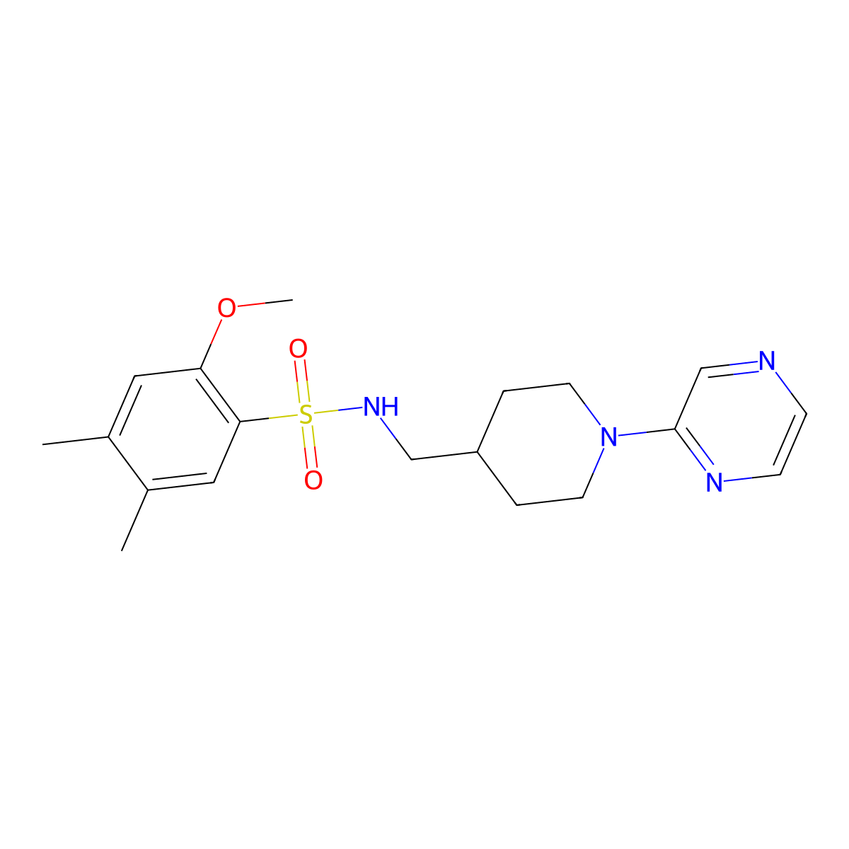 2-methoxy-4,5-dimethyl-N-((1-(pyrazin-2-yl)piperidin-4-yl)methyl)benzenesulfonamide molecular structure, CAS 1396888-09-7
